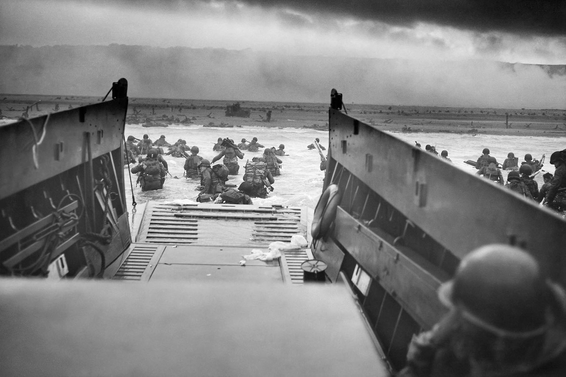 American troops approach Omaha Beach during the Normandy invasion on June 6, 1944.