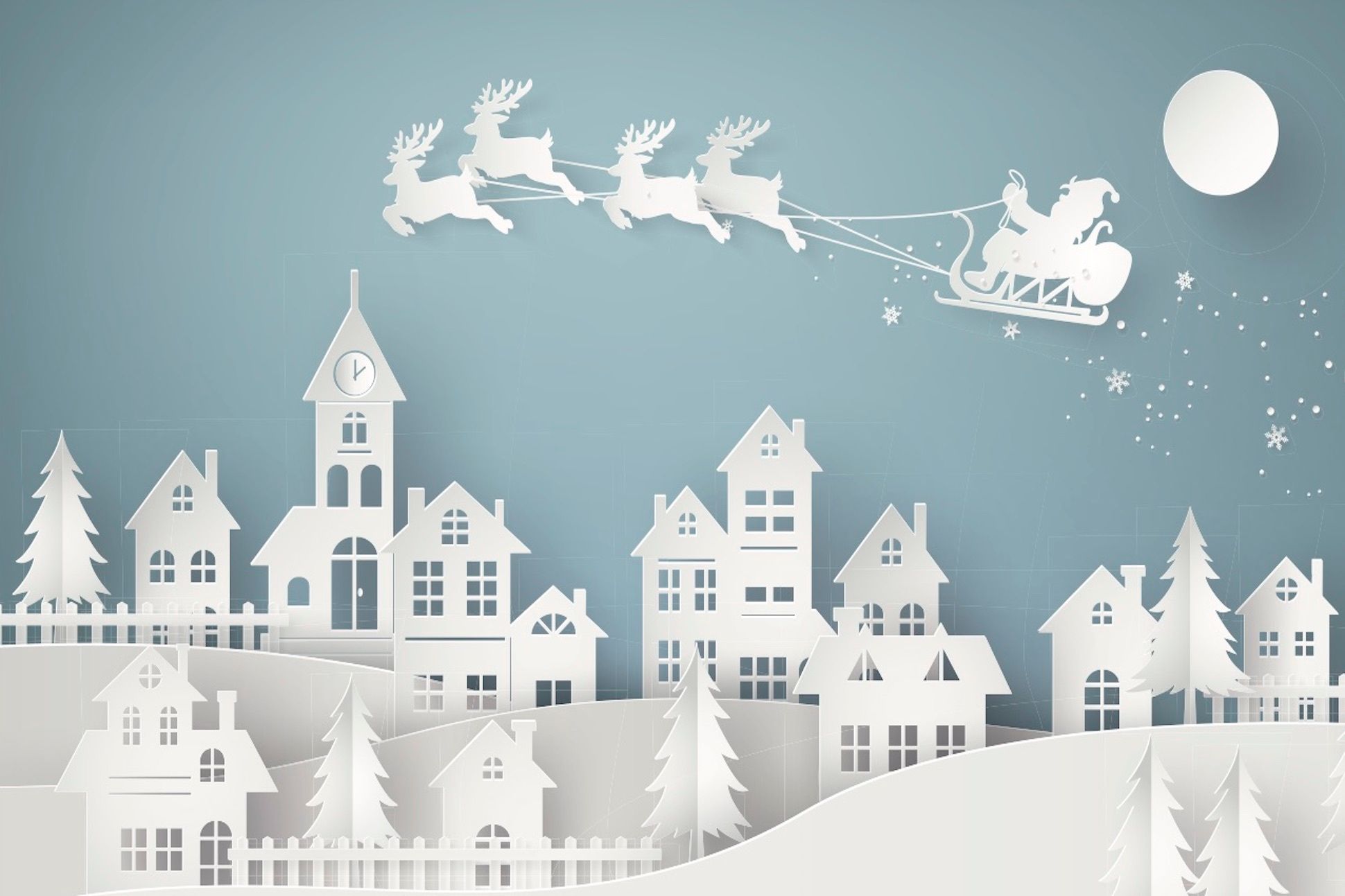 Illustration of Santa Claus on the sky coming to City in paper art.