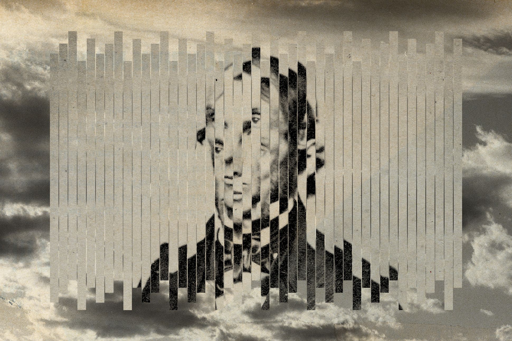 A black-and-white photograph of Jones Very is cut into misaligned strips and set against a desaturated image of clouds.