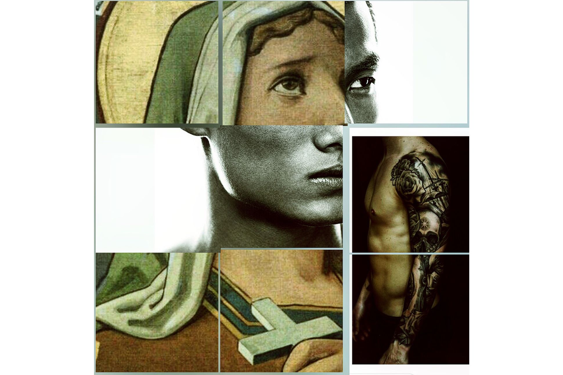 Collage of a nun holding a crucifix and a photograph of a shirtless man.