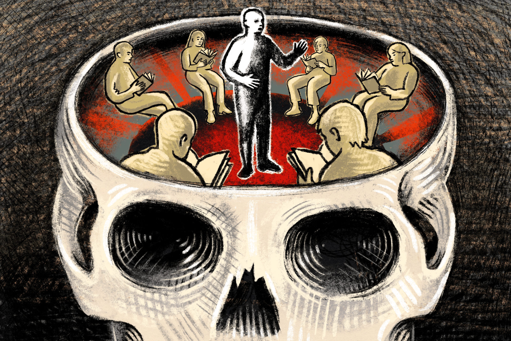 An illustration of a skull whose top half is removed. Inside the skull, a standing figure recites while other figures are seated in a circle.