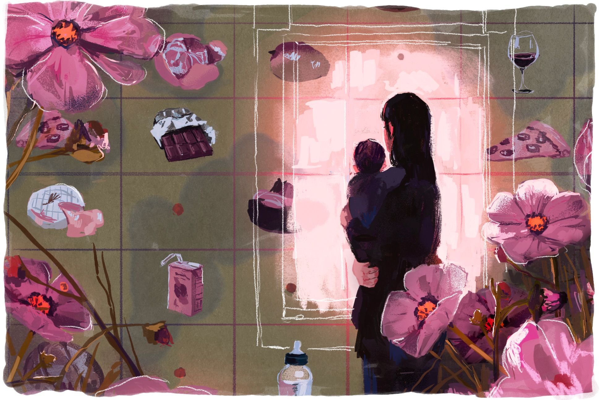 An illustration of a silhouetted mother holding a baby in front of a glowing window. Around them is a grid in which food such as candy bars and pizza seems to levitate. Large, pink flowers emerge from the corners of the frame.