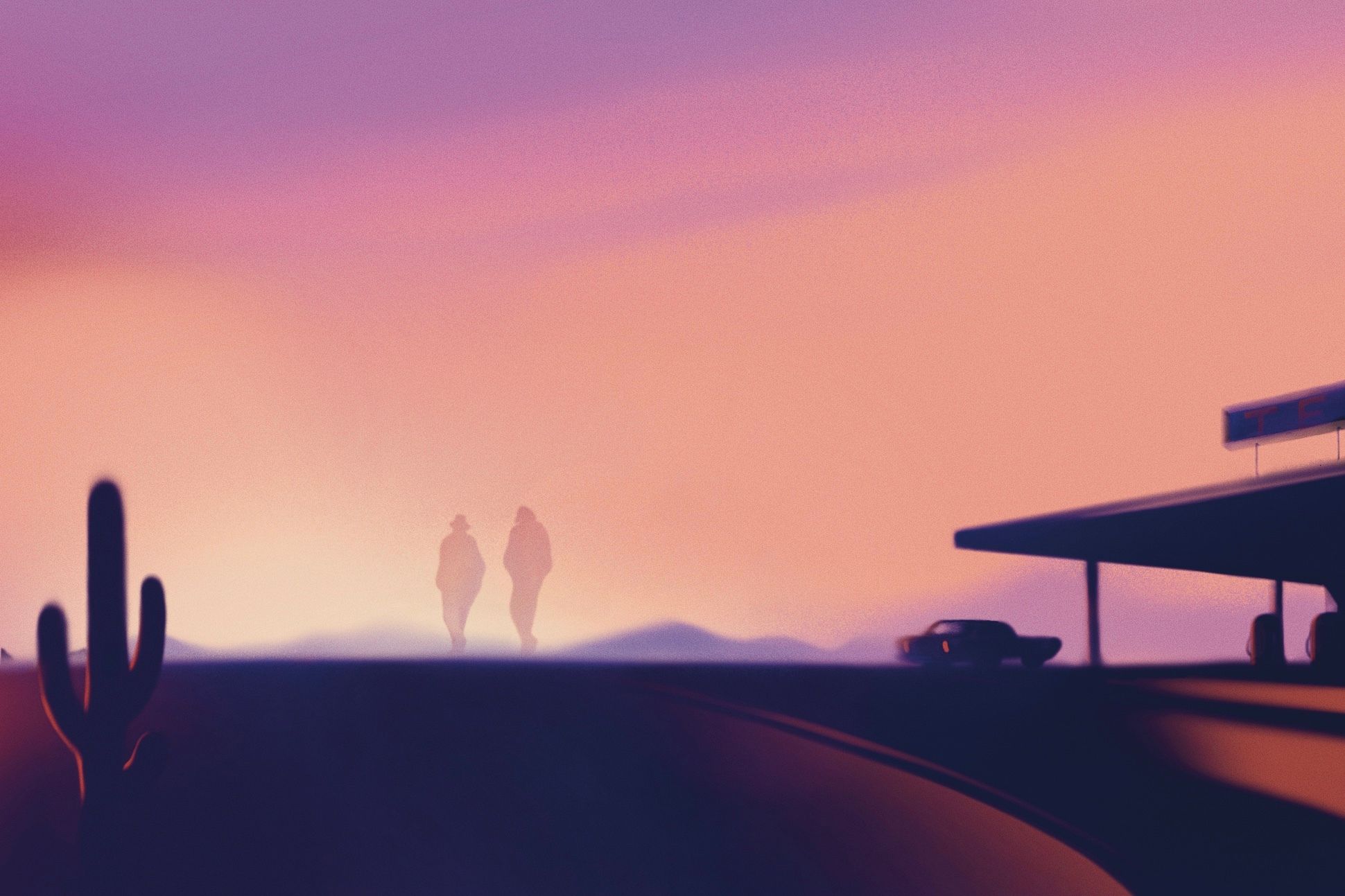 An illustration of two ghostly figures walking side-by-side in a desert landscape. To the left is a cactus; to the right is a car and part of a gas station.