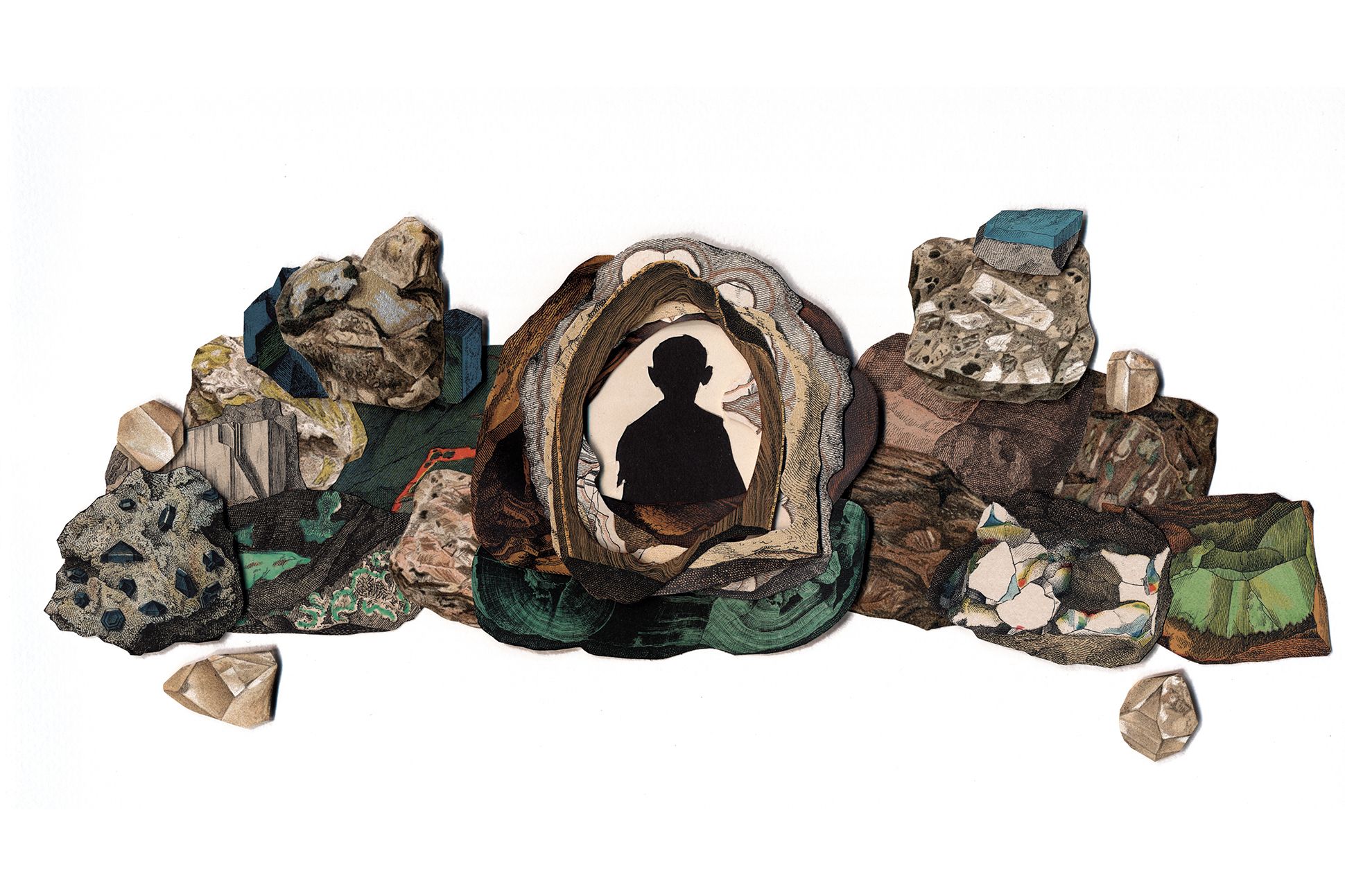 Stones and gemstones in a range of colors including greens, blues, yellows, reds, on either side of woven tapestry framing an opening in which the silhouette of a person, from the back, can be seen, .