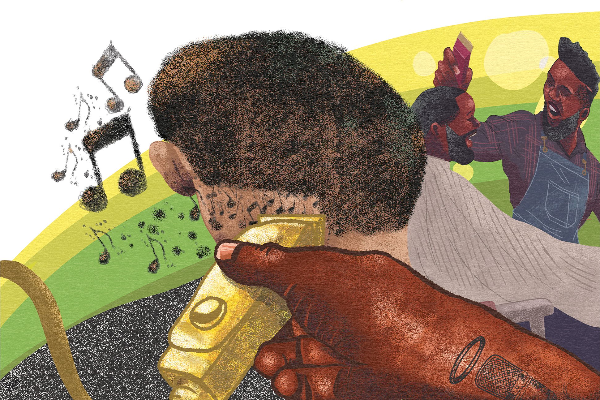 An illustration of a man getting a haircut; his falling hair turns into musical notes.