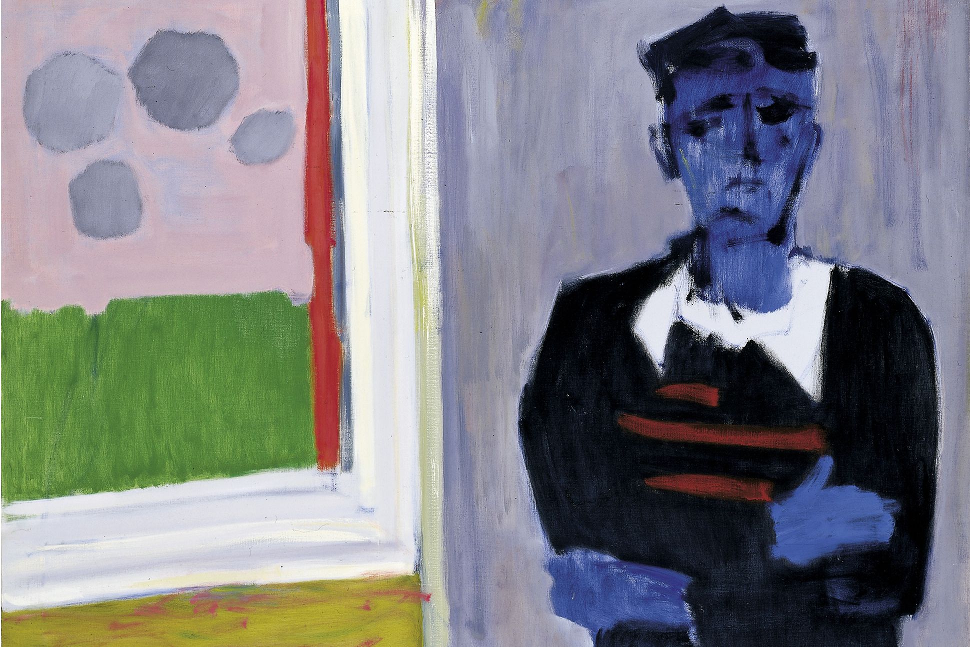 An expressionistic painting of a blue man in a black sweater standing in front of a window with his arms crossed. Outside of the window is green grass, gray clouds, and a pink sky.