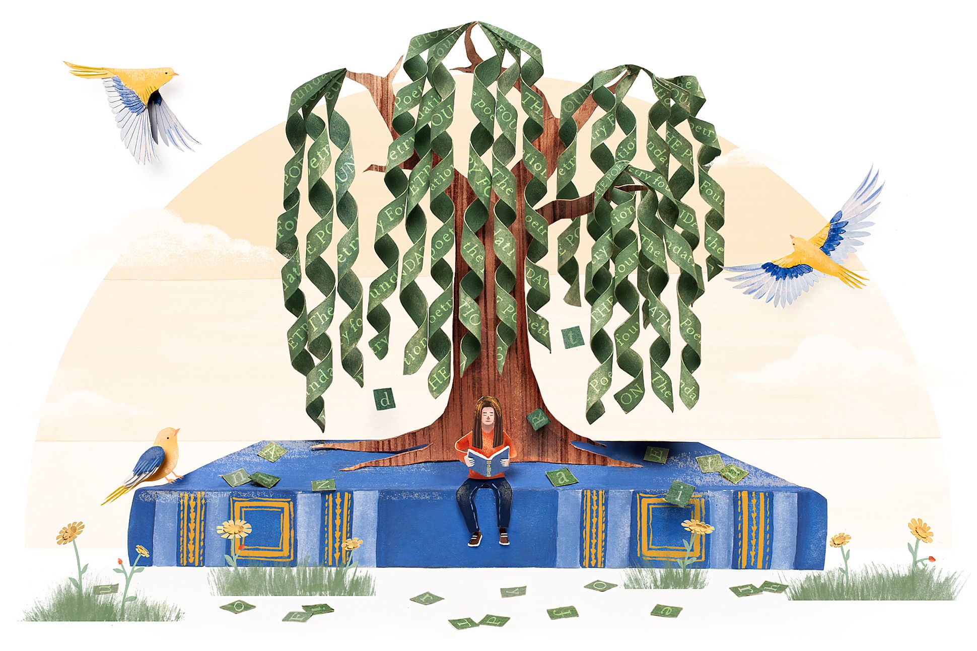 An illustration of a person reading beneath a tree while birds fly or perch nearby.