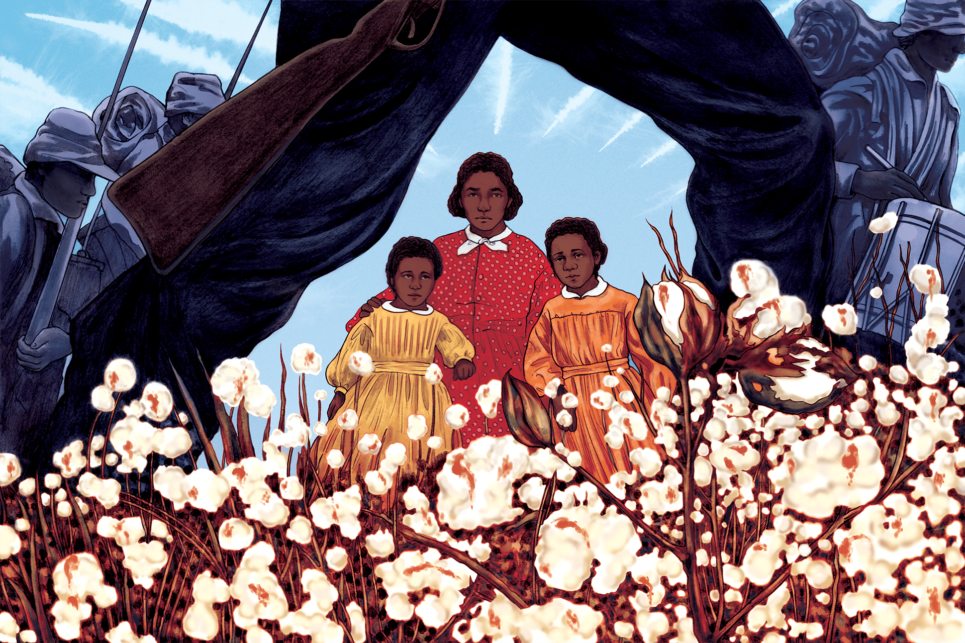 An illustration of three Black children framed by the legs of a running solider. Other soldiers are depicted at left and right. In the foreground is cotton speckled with blood.