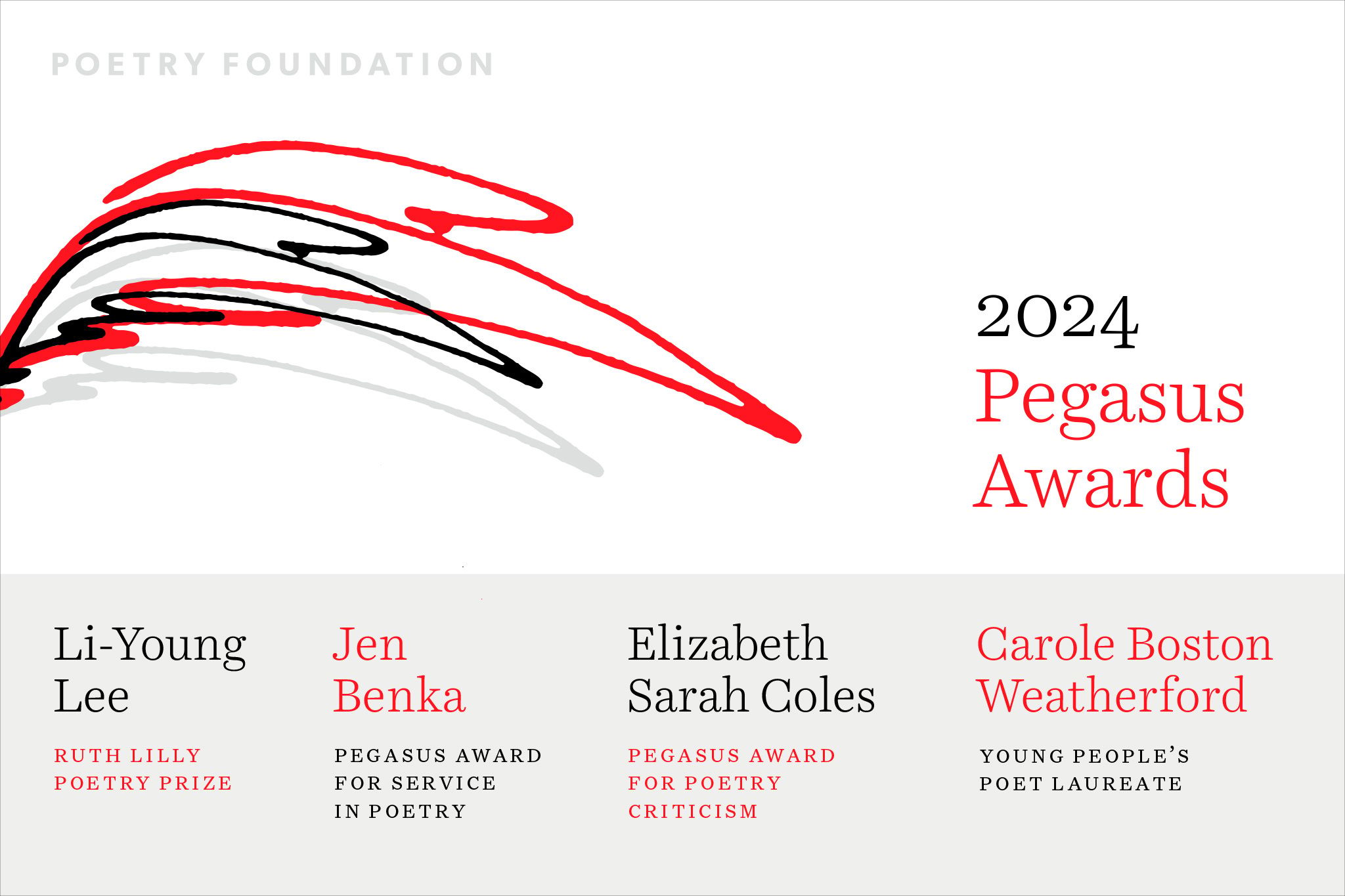 White graphic with a stylized pegasus wing in red, black and gray with text 2023 Pegasus Awards and the names of the four winners.
