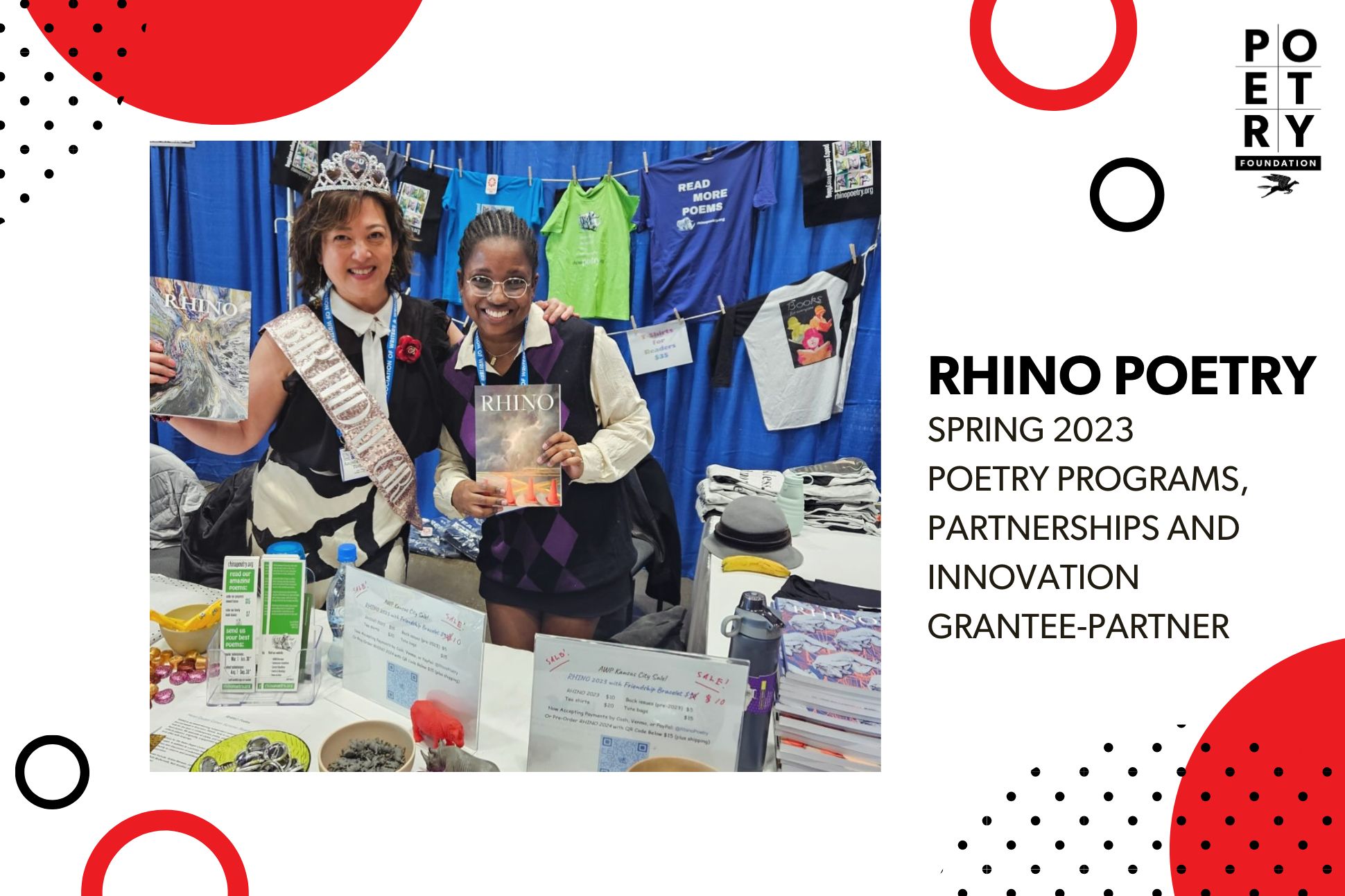 A photo of Angela Narciso Torres and Lyra J. Thomas holding print copies of RHINO Poetry. They pose at a booth with a blue fabric background.