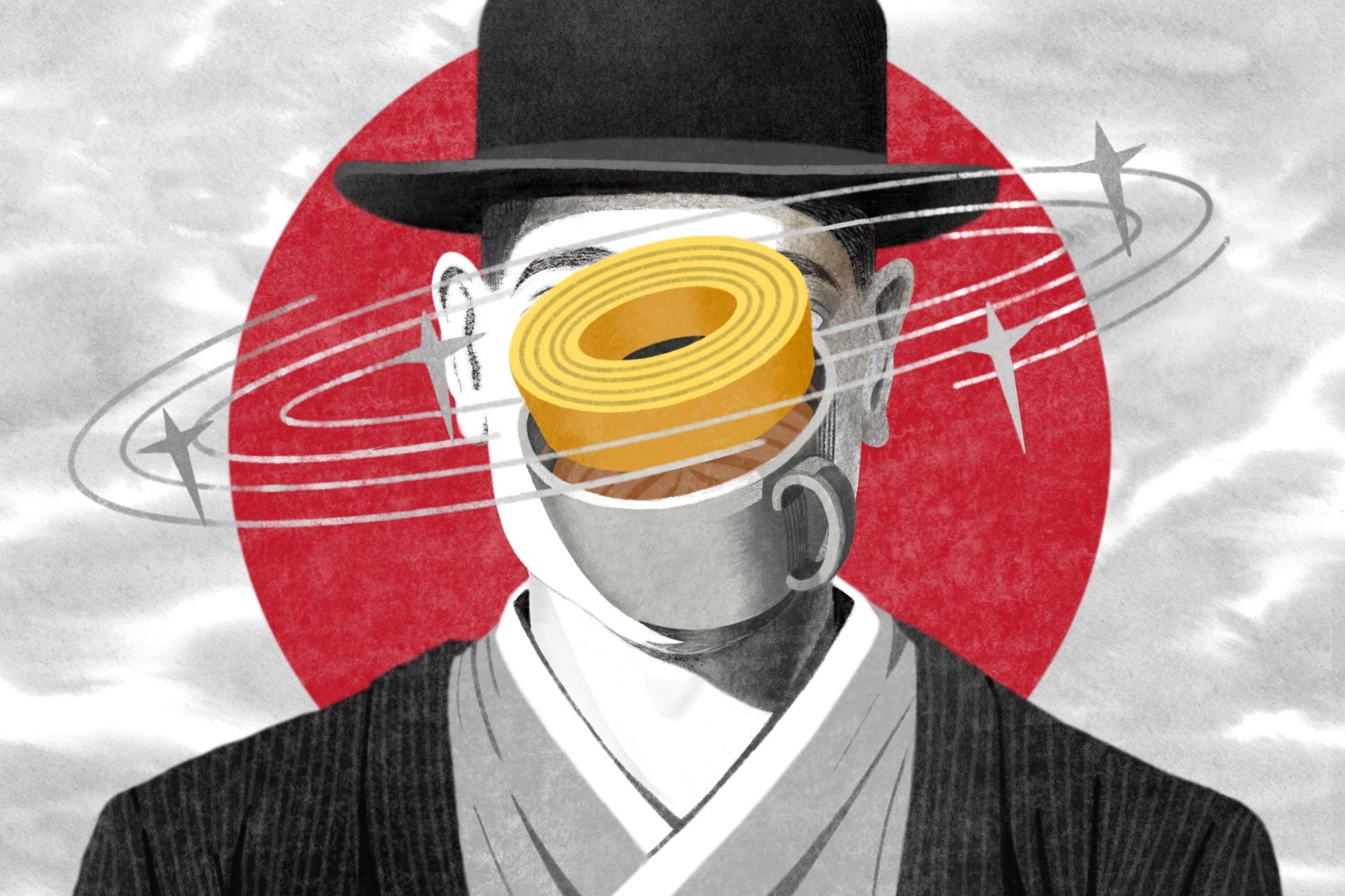 An illustration of a man in a bowler hat and a kimono, standing in front of a red circle. A coffee cup surrounded by rings obscures the figure's face.
