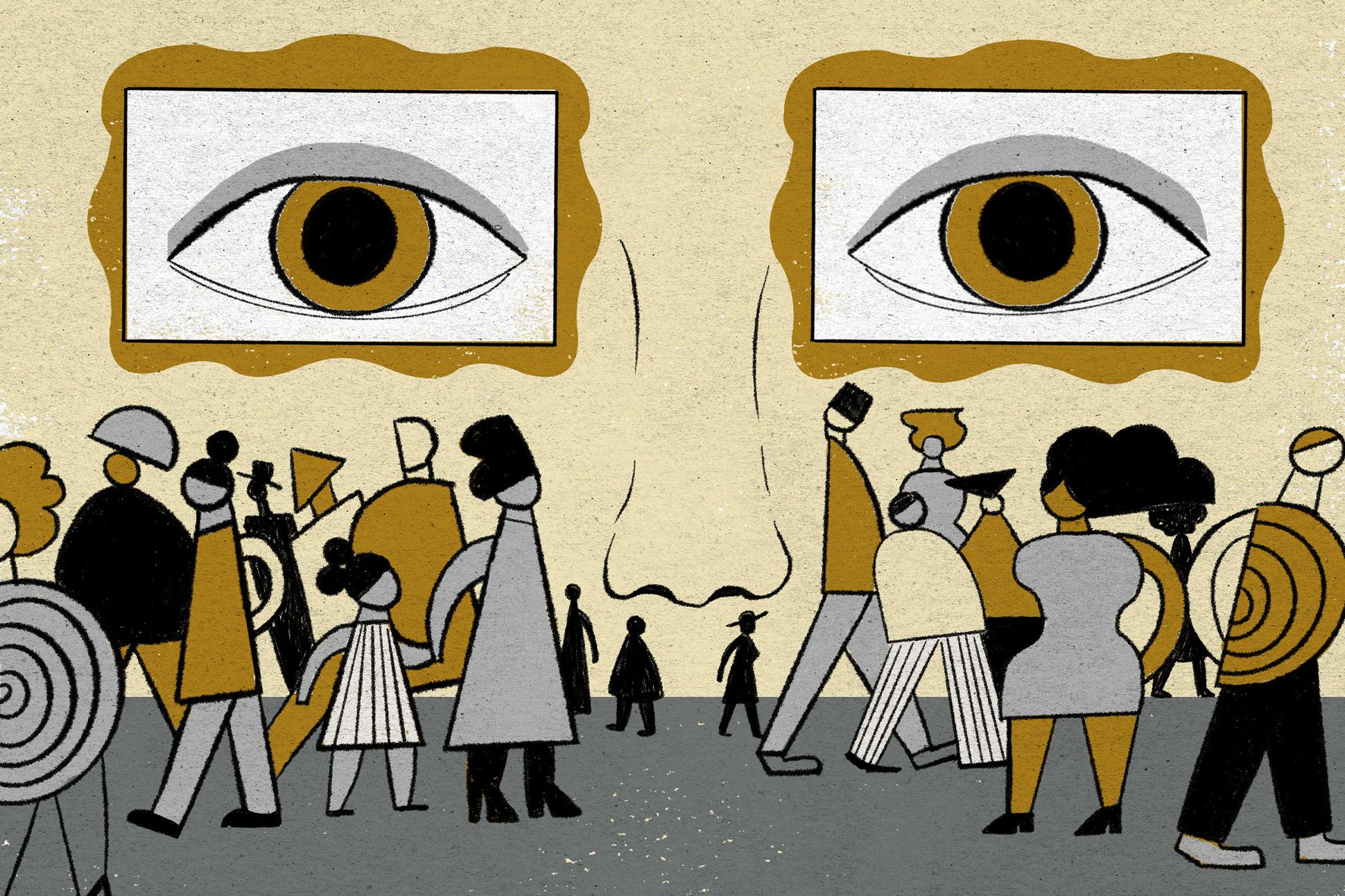 An illustration of people standing in front of two large eyes that are framed like paintings on a wall.