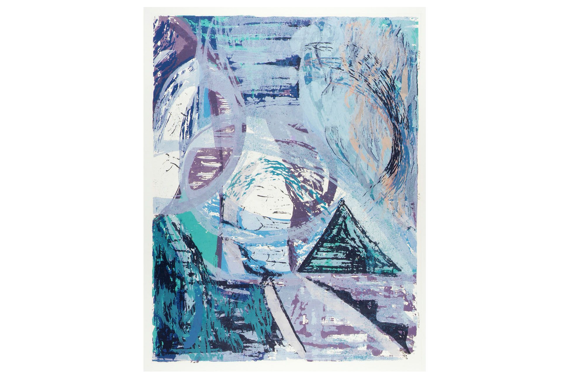 Abstract screenprint with black lines and shapes in shades of blue/purple/green, with some white and yellow.