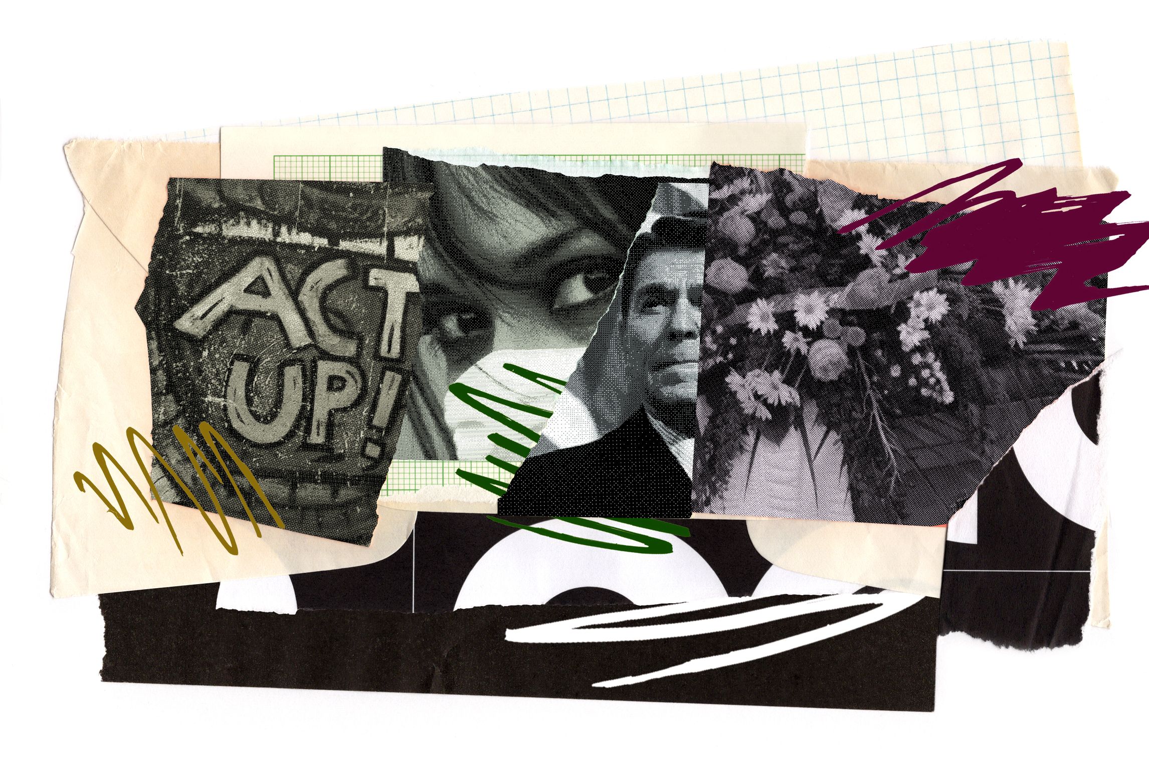 Collage featuring Ronald Reagan, an Act Up logo, flowers, and a surgical mask.