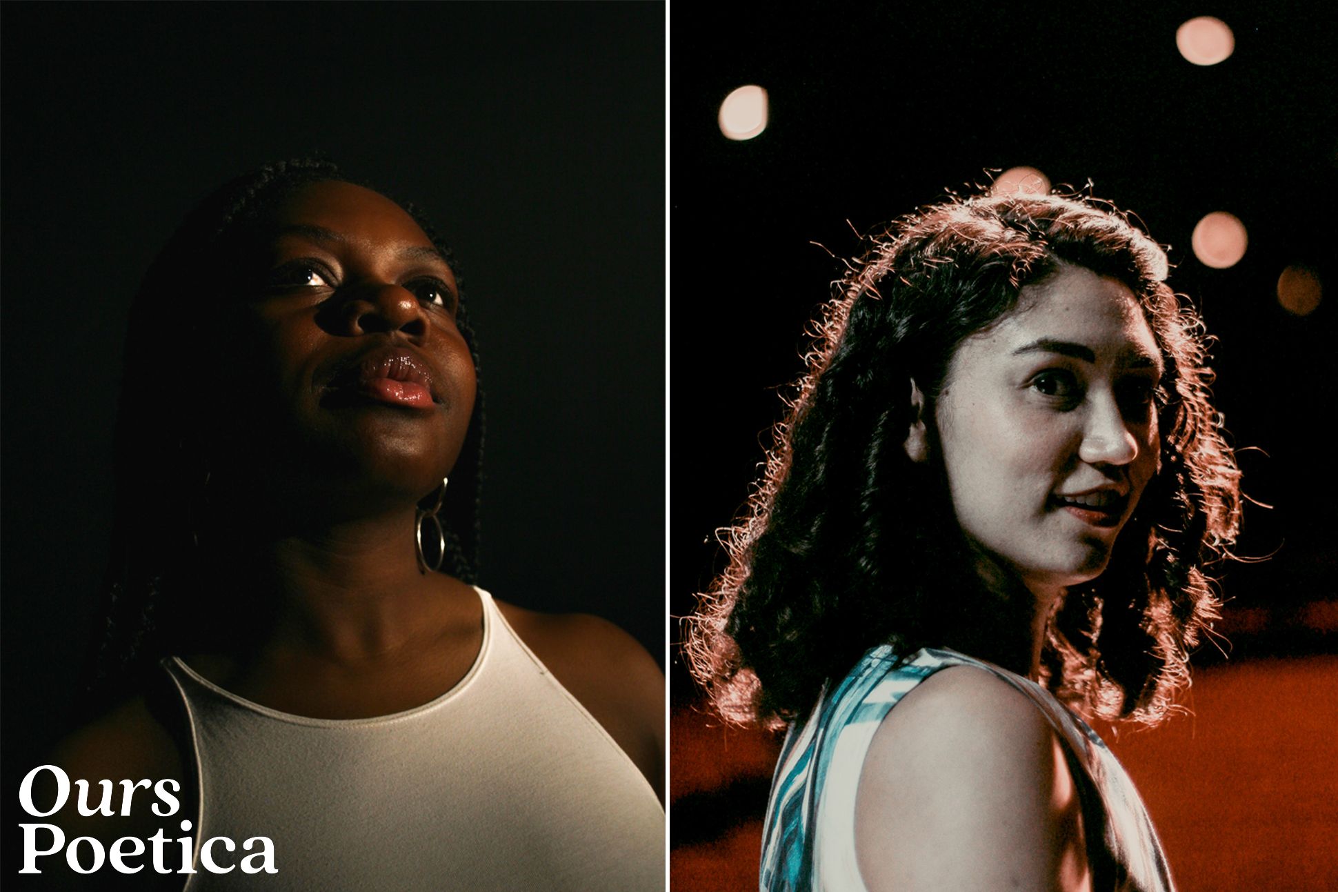 Left: A dark-skinned woman in white tank top (Abotsi) lifts her head toward a warm light source, emerging from a dark background. Right: a light-skinned woman with curly brown hair smiles over her shoulder; behind her are soft, blurry lights.