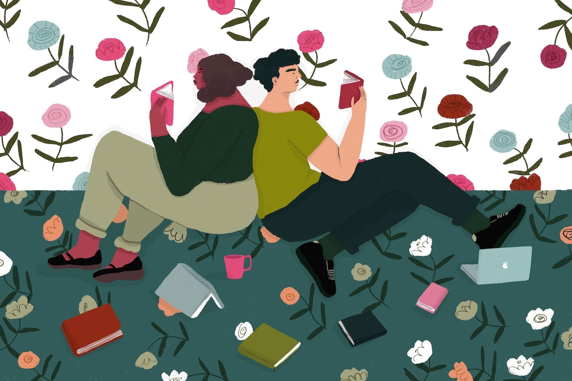 Illustration of two people reading surrounded by flowers.
