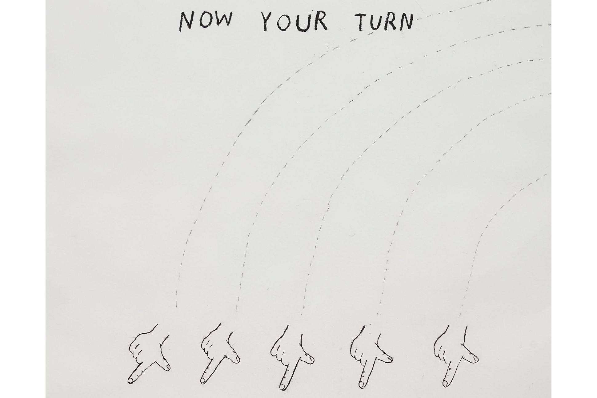 An illustration of five pointing hands with dashed arcs rising from them. Now Your Turn is written at the top of the illustration.