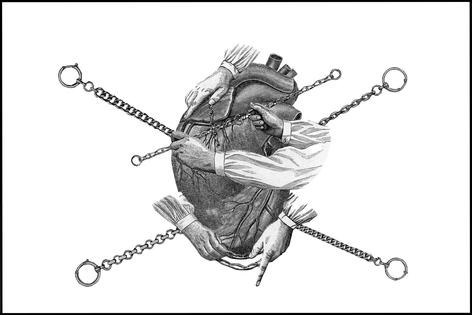 A black-and-white collage of hands affixing chains to a large human heart.