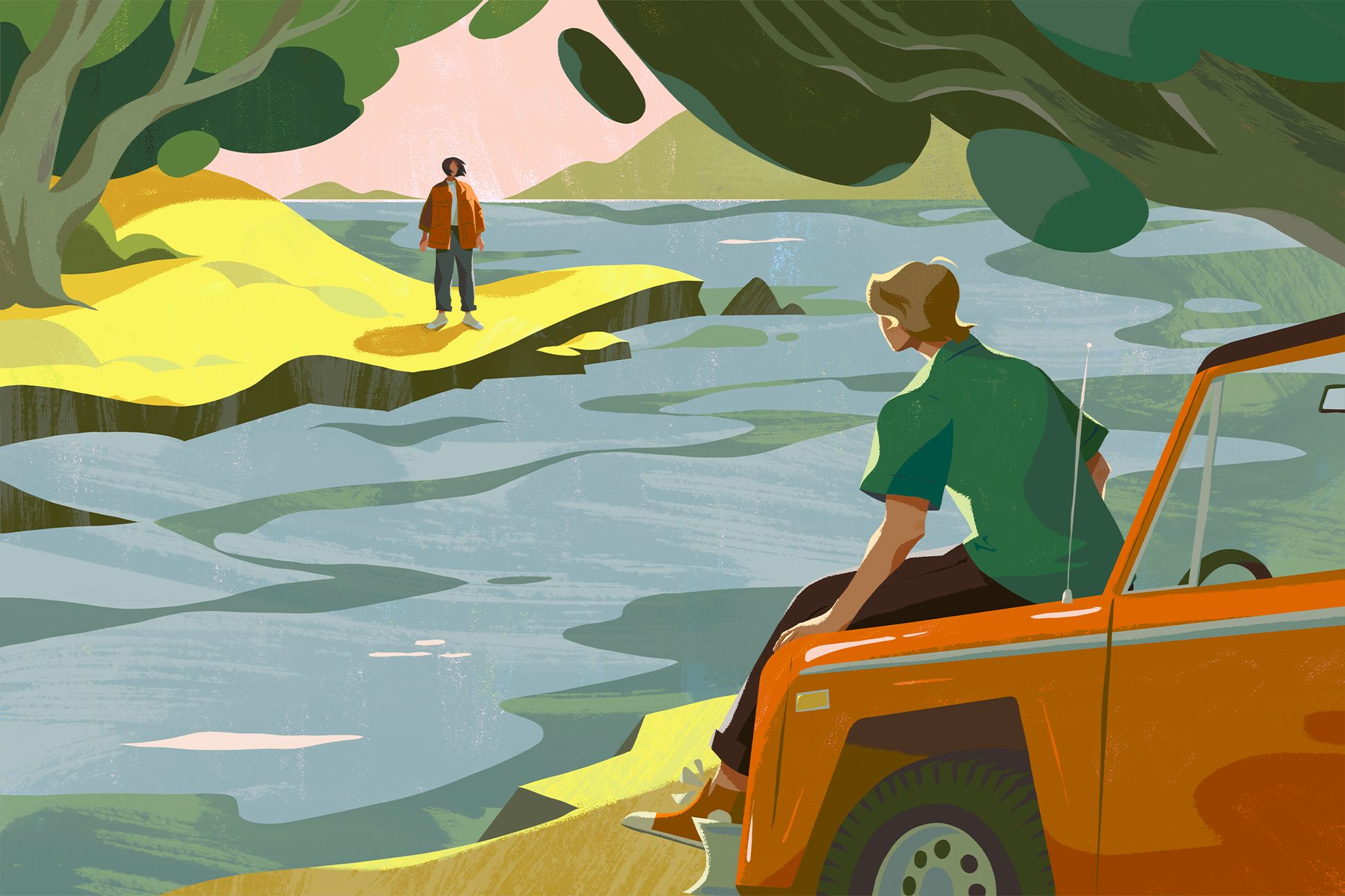 A figure sits on the hood of a red car and looks across a river at another figure on the opposite bank.