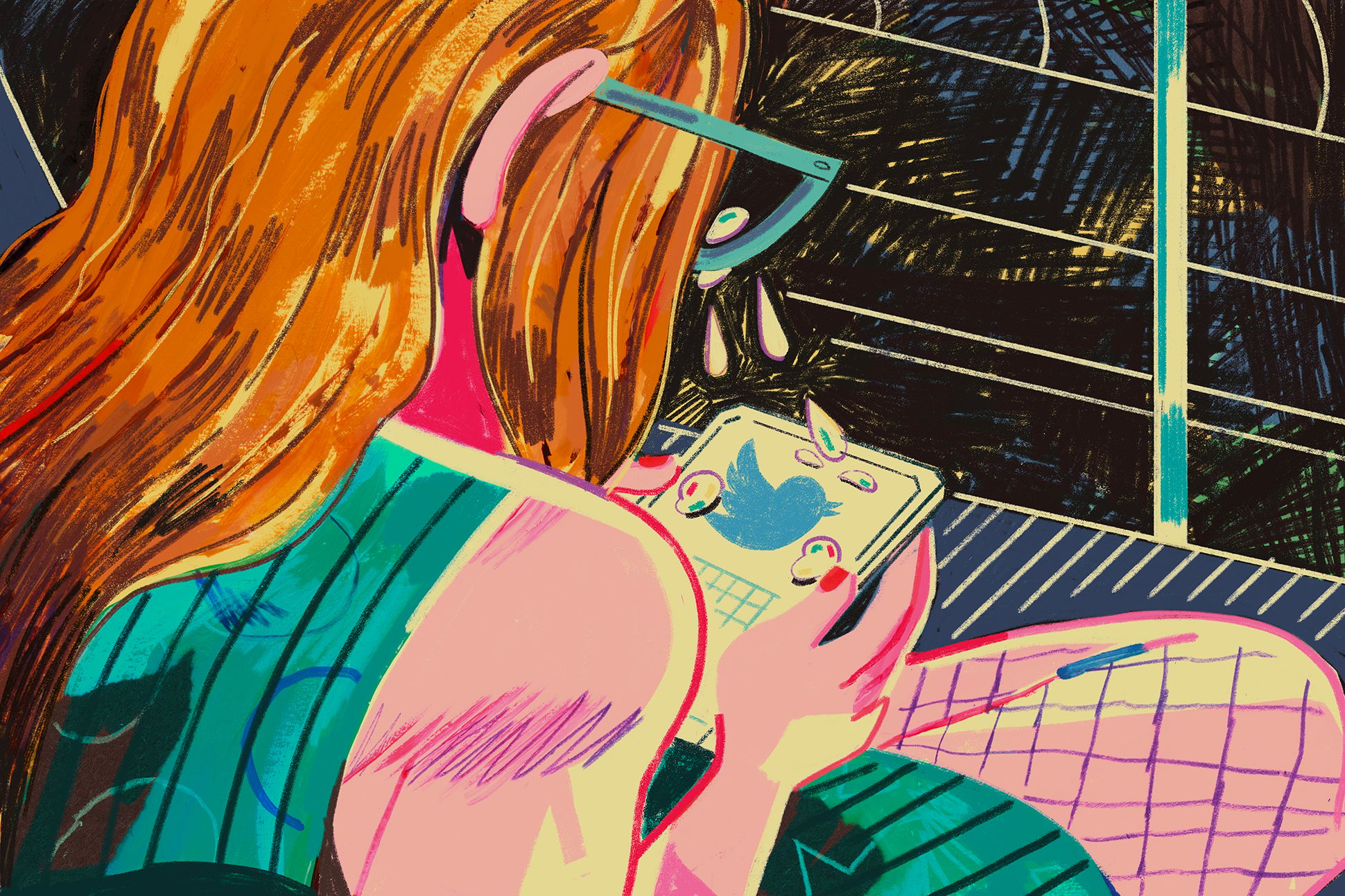 Illustration of a woman crying over a phone while she tweets.