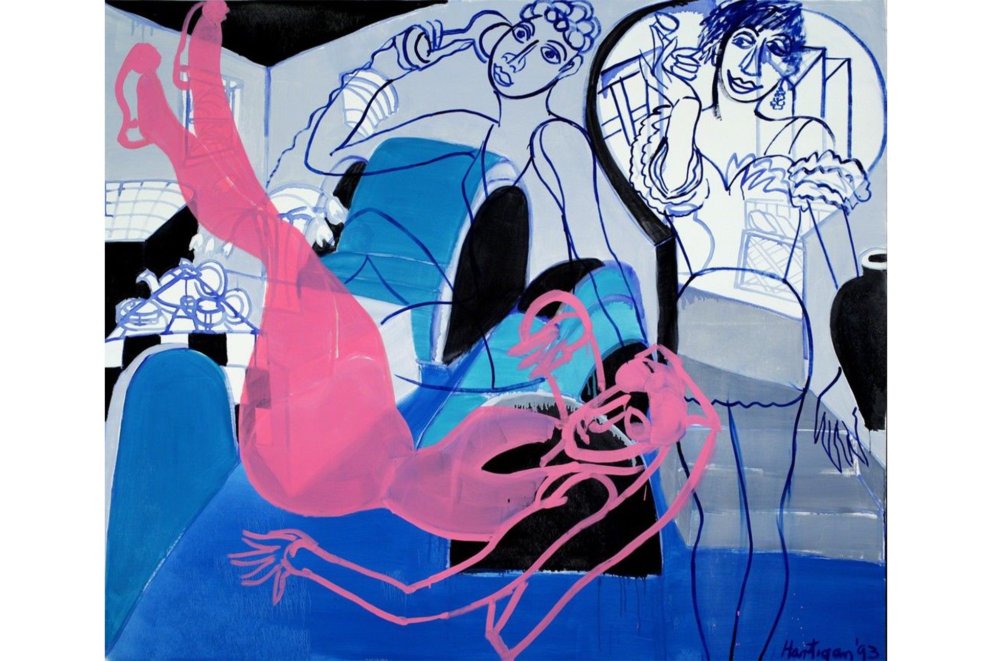Painting of three women, one talking on the phone, one lounging, and one standing.