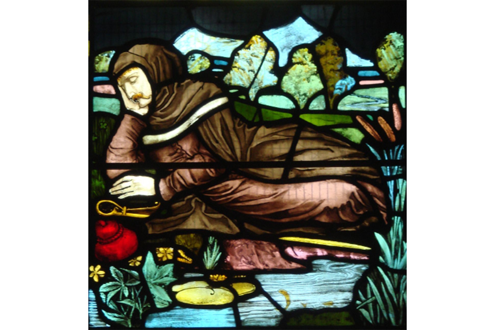 William Langland, as depicted in a stained glass window at the parish church of St Mary the Virgin in Cleobury Mortimer, Shropshire