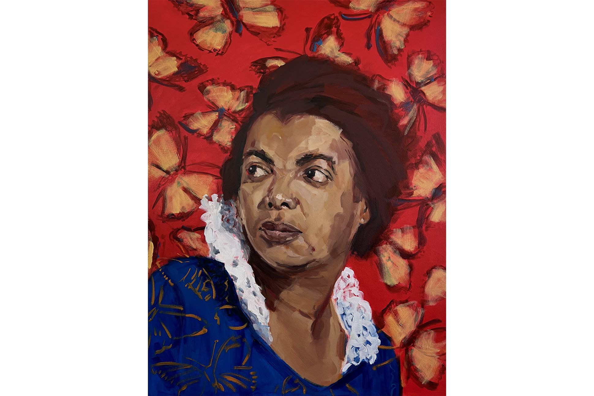 Painting of Margaret Danner in profile, against a backdrop of butterflies.