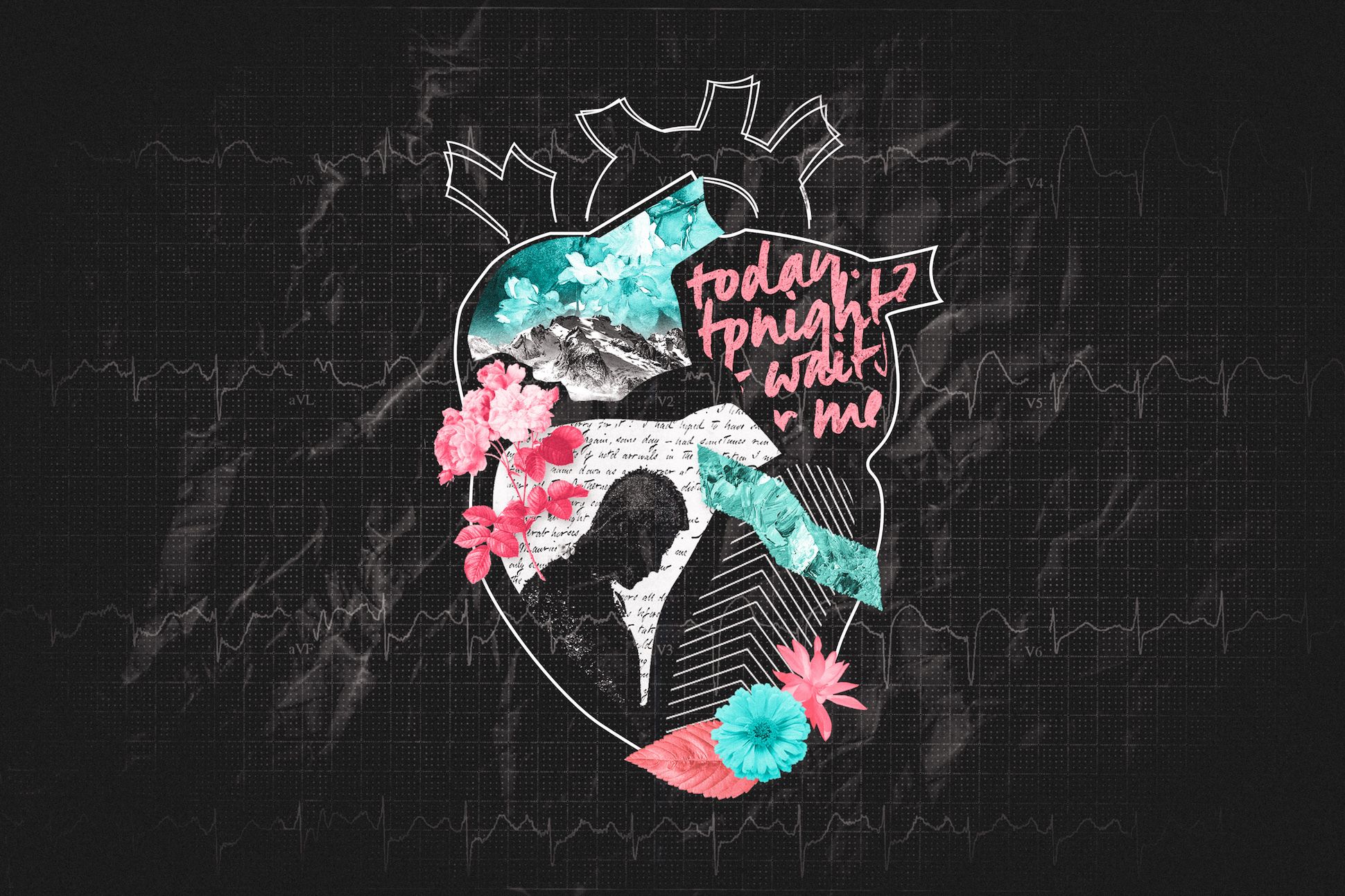 Artwork of a anatomical heart with collage over a black background