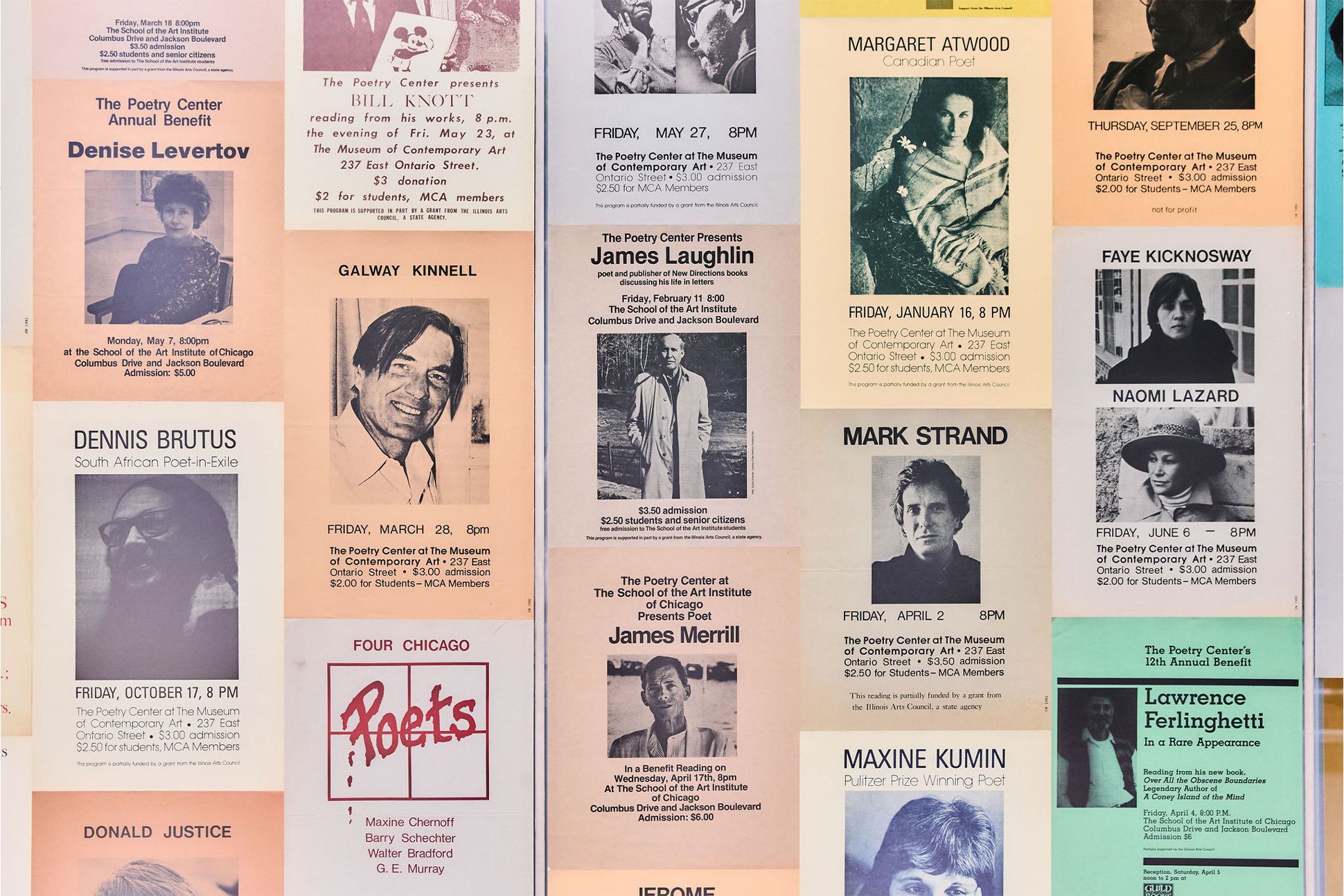 A close-up of colorful poetry broadsides.
