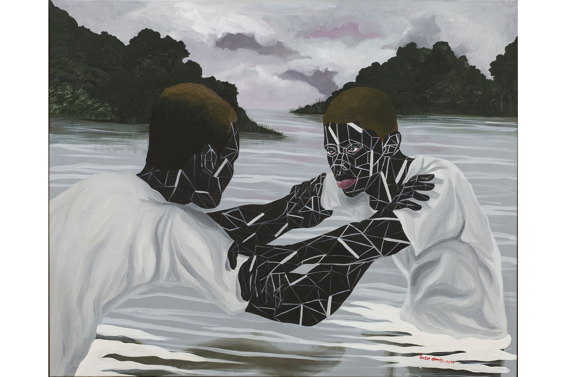 A painting of two figures grappling or embracing in a lake. Their skin is dark and crossed with lines.