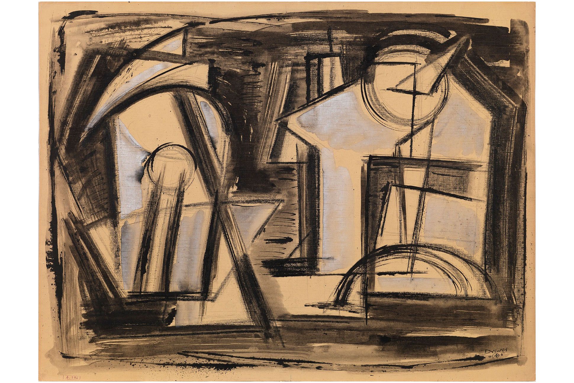 abstract painting incorporating geometric shapes and lines, gouache on paper