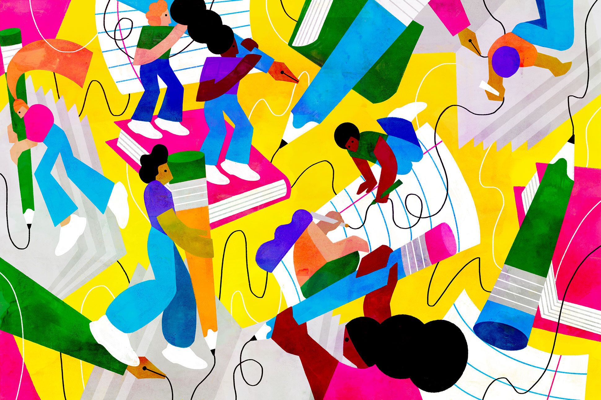 Illustration of colorful figures using pencils and pens to make lines on notebook paper. The figures float on books on a yellow background.