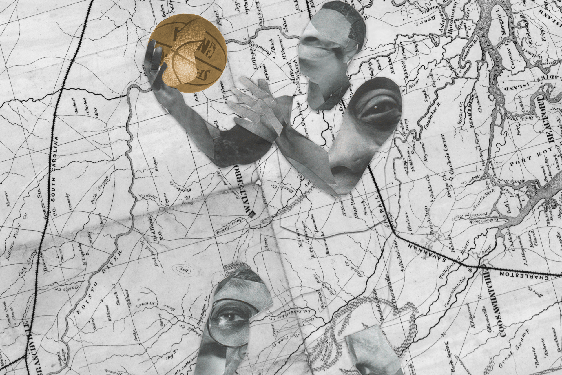 A collage of a basketball player with a map forming the background.