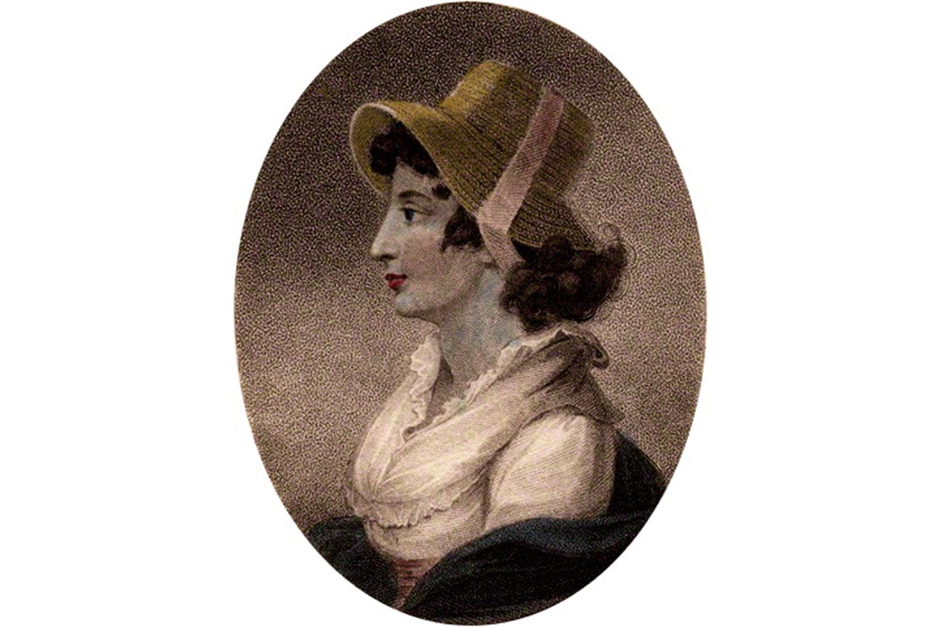 Painting of the profile of a woman in the 18th century with a hat and a dress