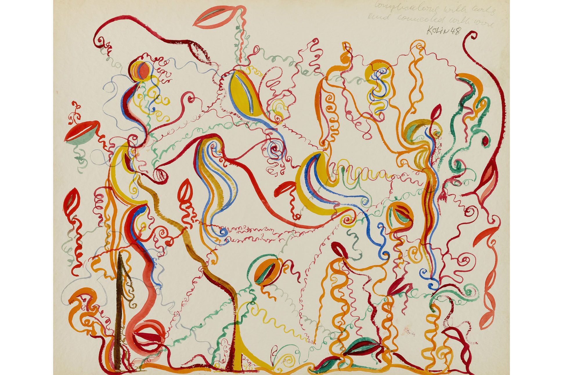 Colorful, squiggly line drawings in reds, greens, blues, oranges, yellows, watercolor  on white paper.