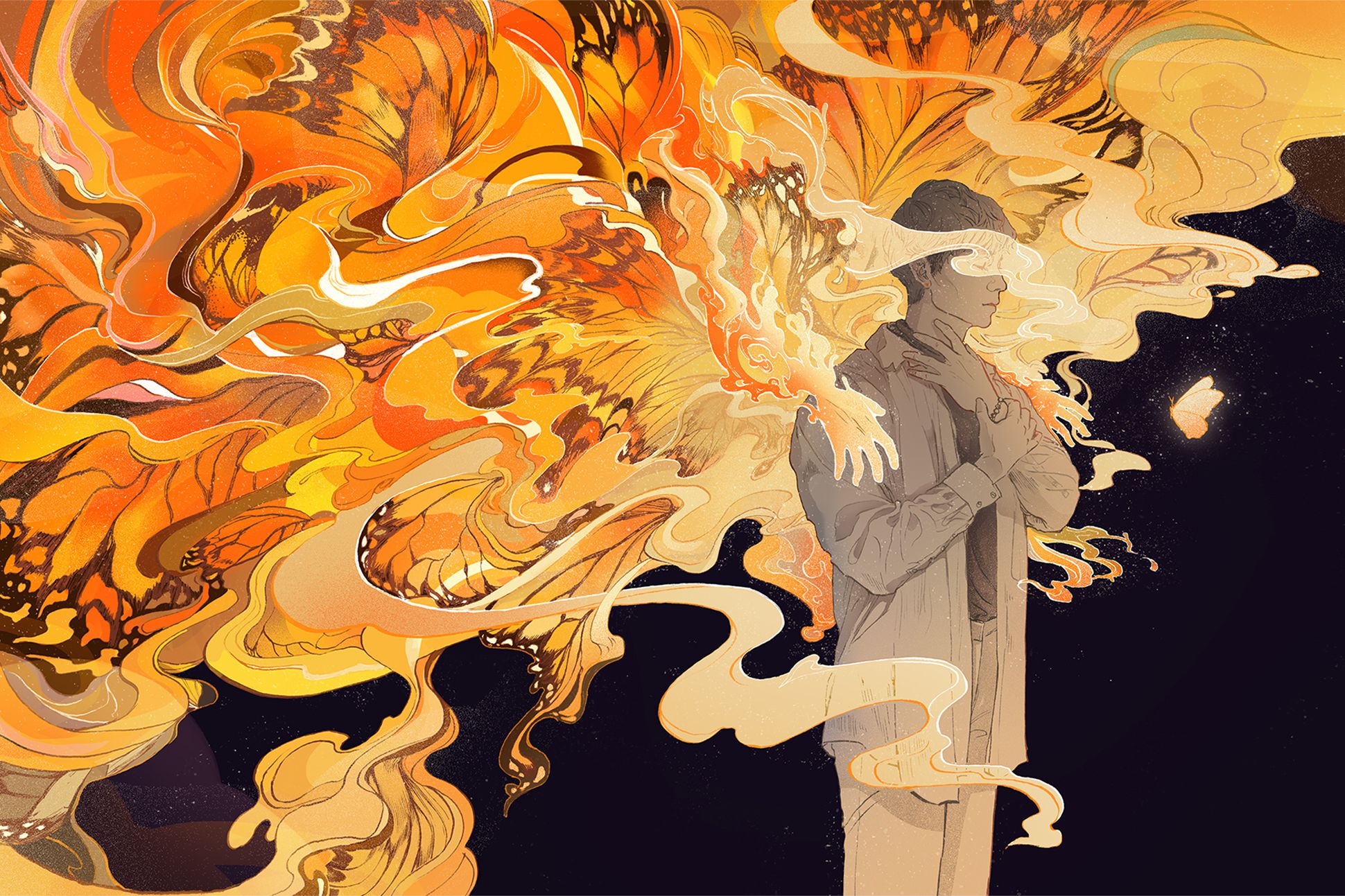A figure in gray clothing stands with their hand at their throat, meditative, while clouds of yellow and orange butterfly patterns swirl around.