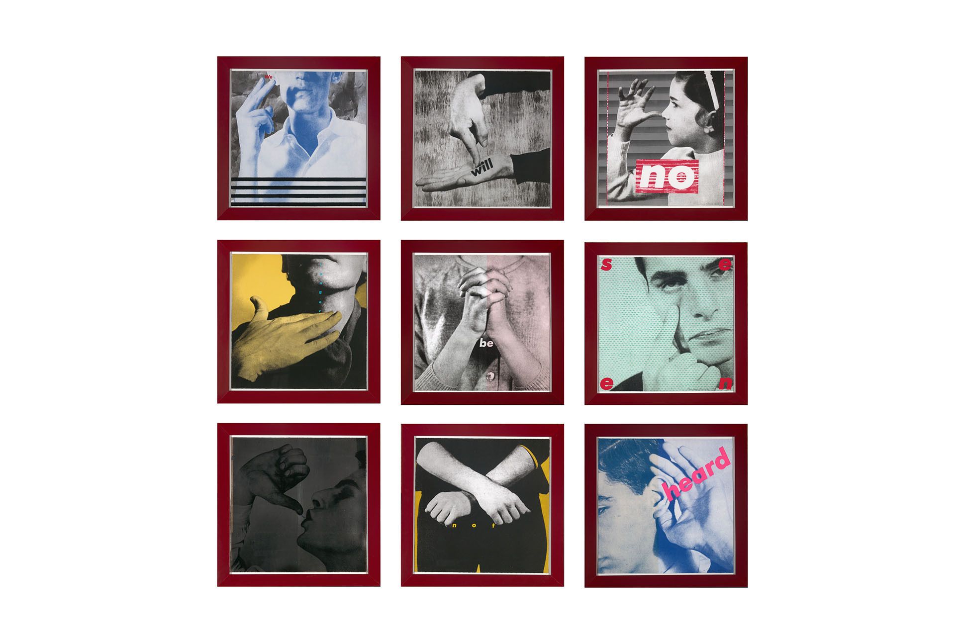 9 square prints with photos using sign language to say:" We Will No Longer Be Seen and Not Heard." Photos are black and white/sepia toned, range from close up of a face to profile shot of a child, a photo of just two hands, etc.