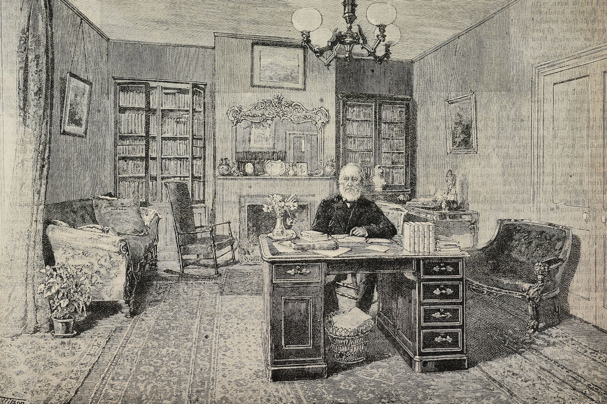 John Greenleaf Whittier in his study at Amesbury, engraving from The Illustrated London News, No 2787, September 17, 1892.