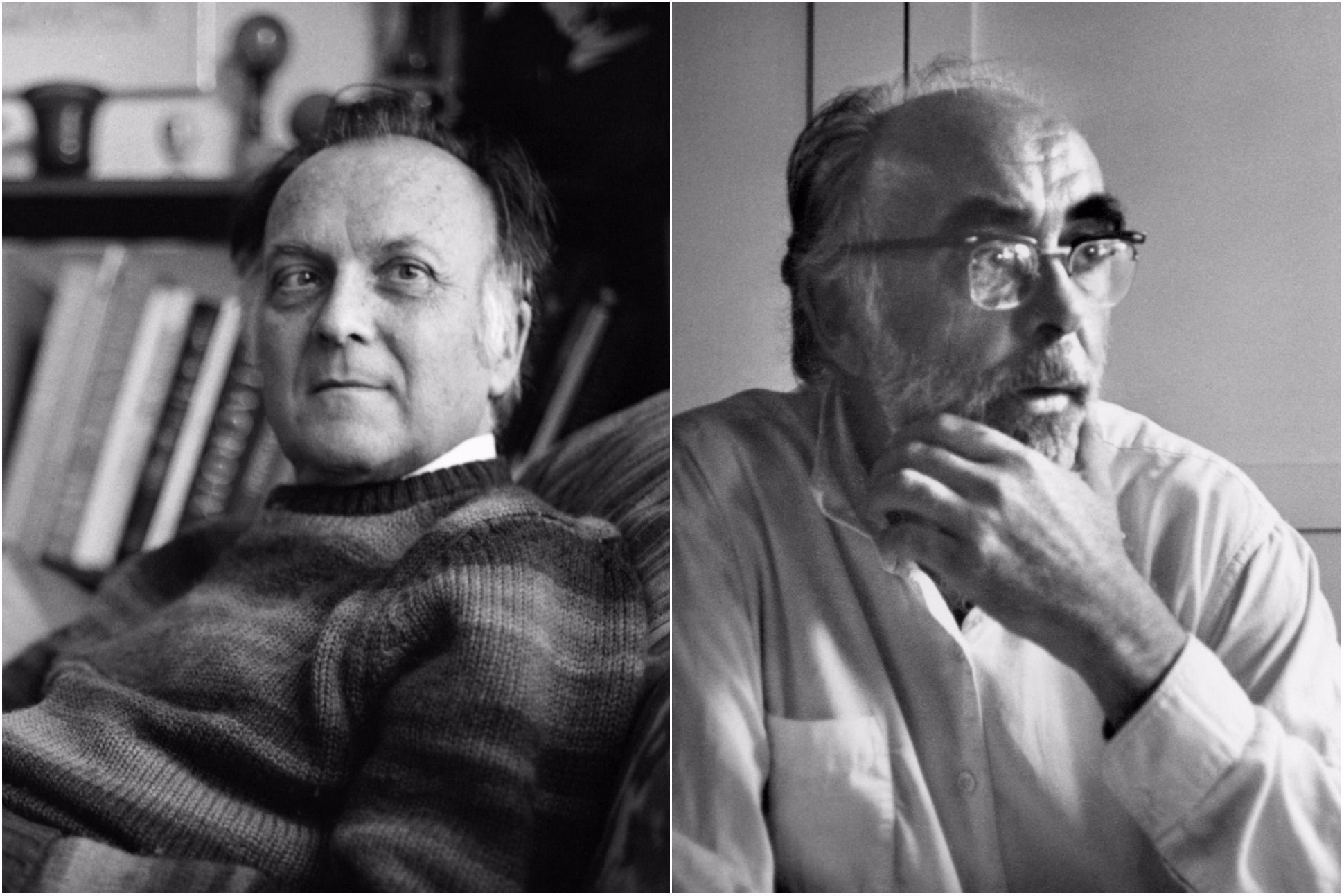 Black and white side-by-side image of the poets Robert Duncan and Charles Olson.