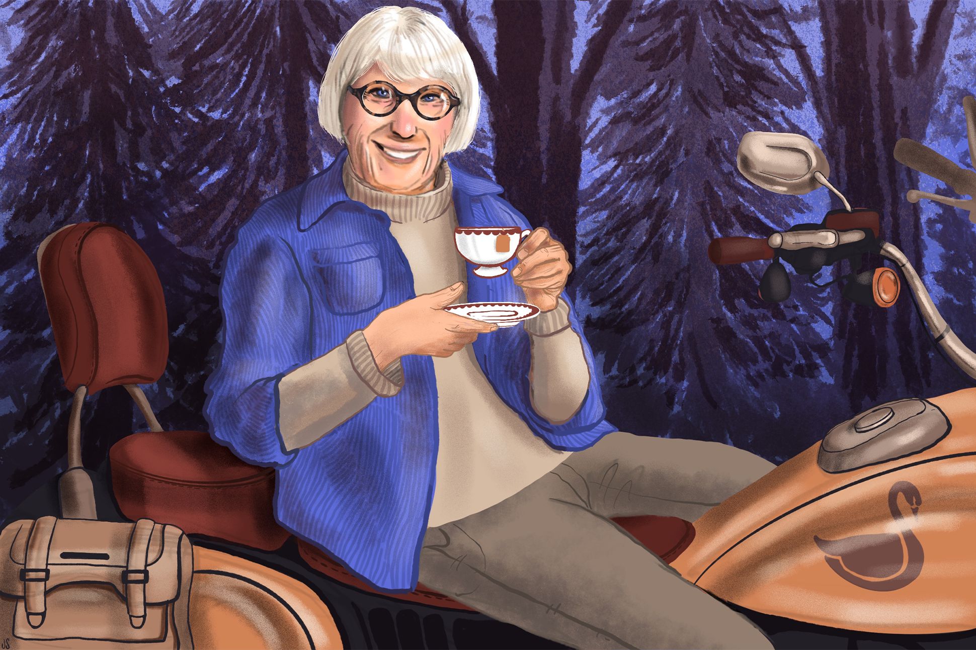 Illustration of Diane Wakoski on the back of a motorcycle, teacup in hand.