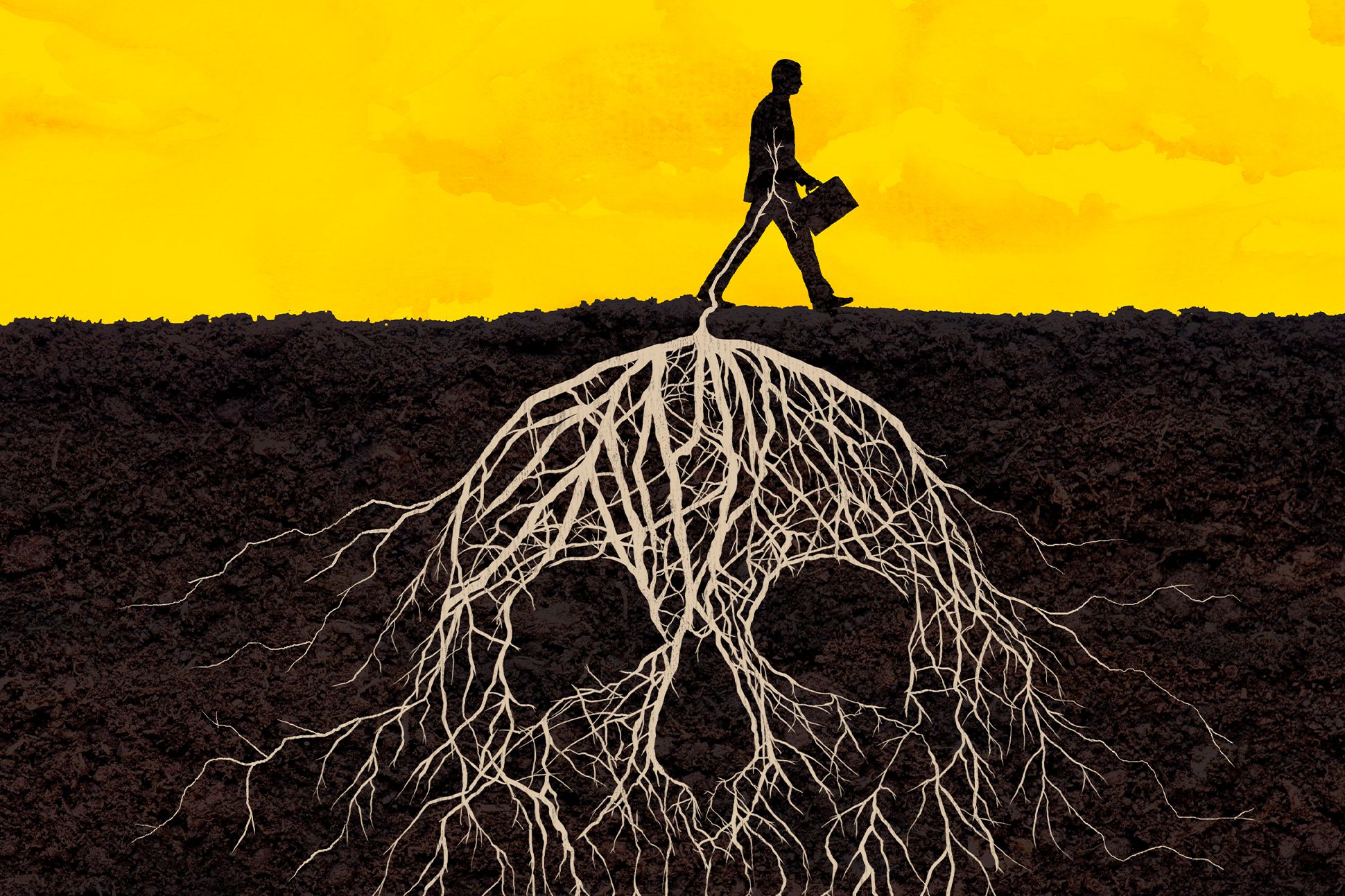 Illustration of roots in the shape of a skull, leading up to the silhouette of a man walking with a suitcase.