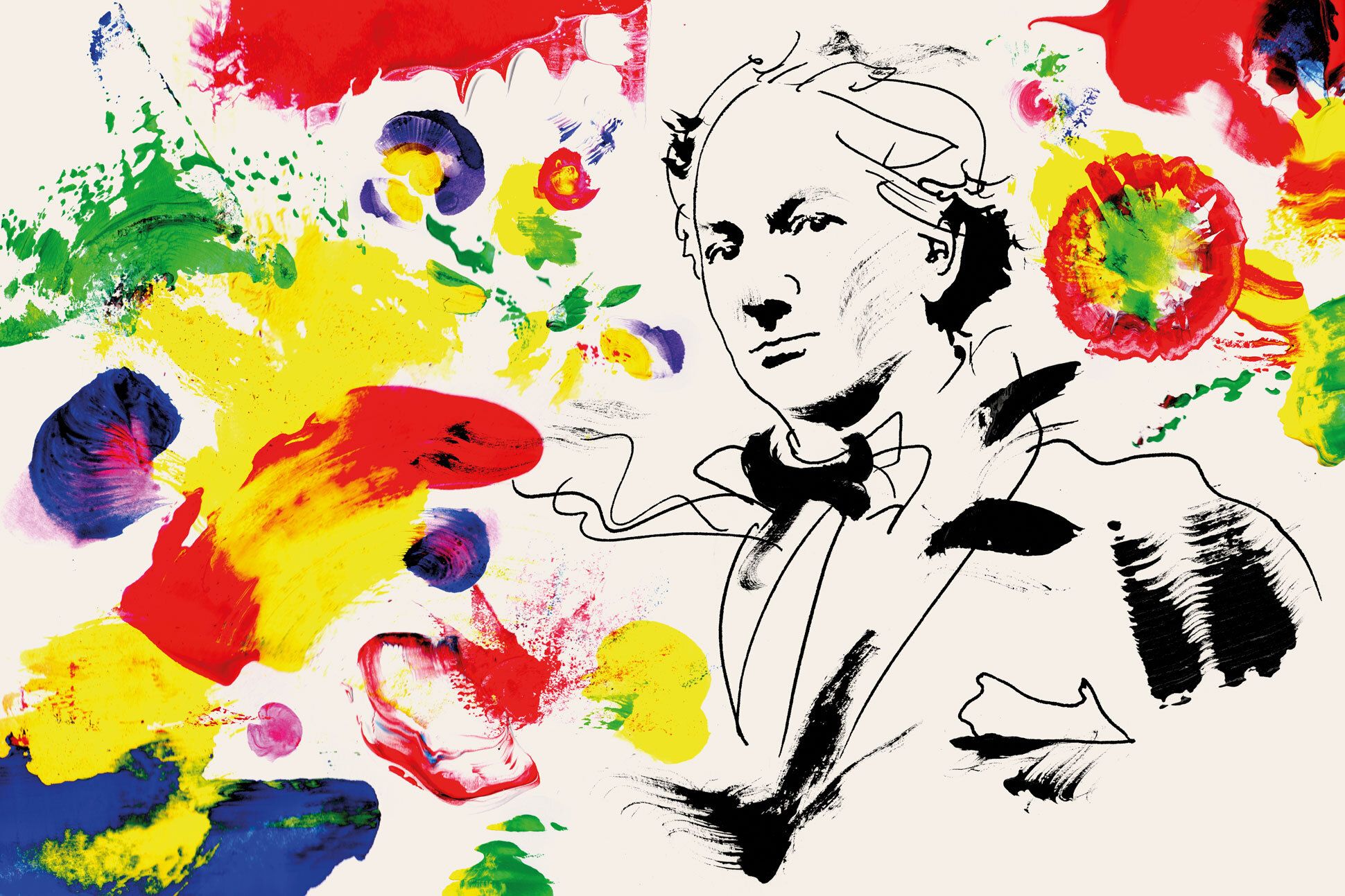 Drawing of Charles Baudelaire surrounded by floral smudges of paint.