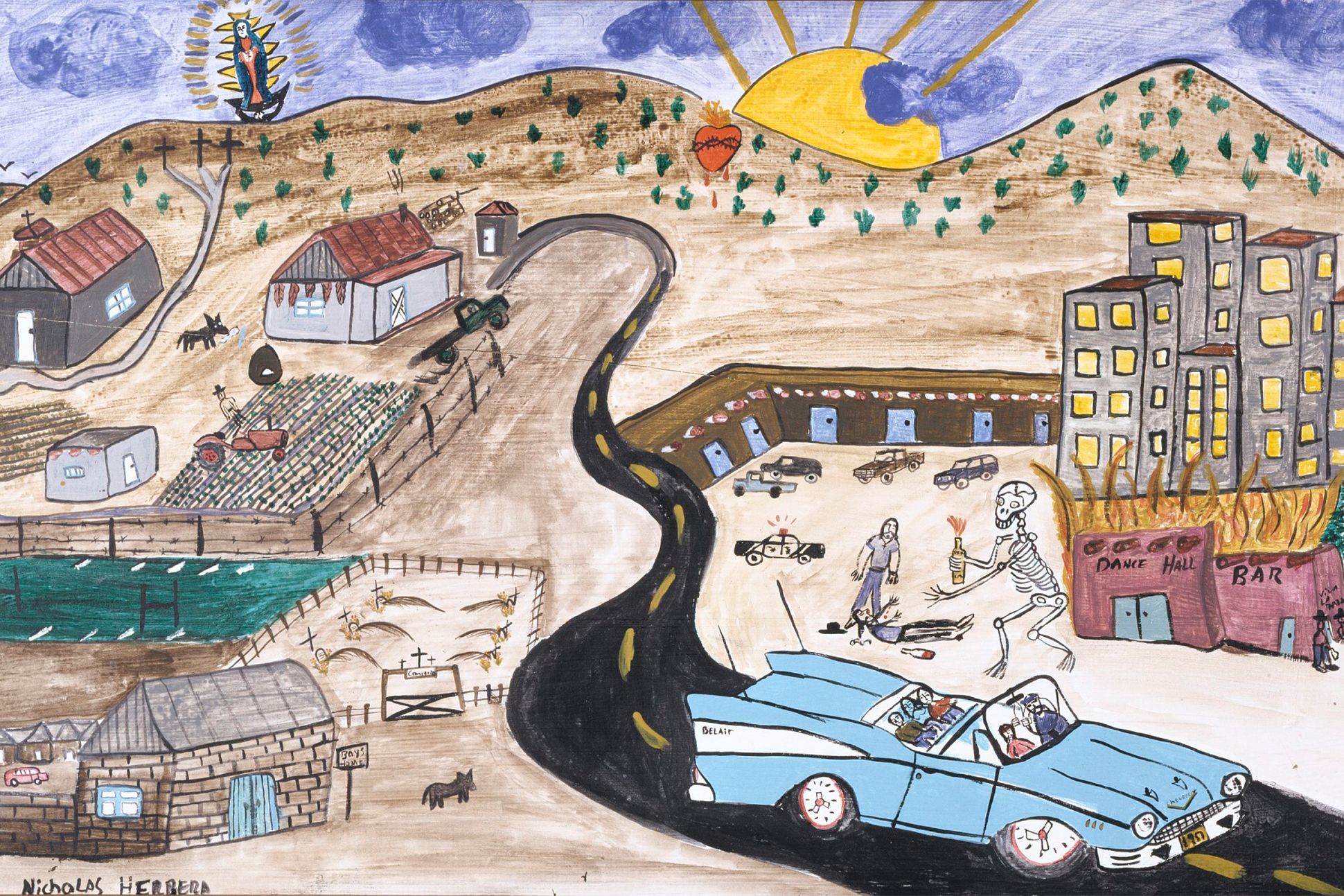 Painting of a small desert town.