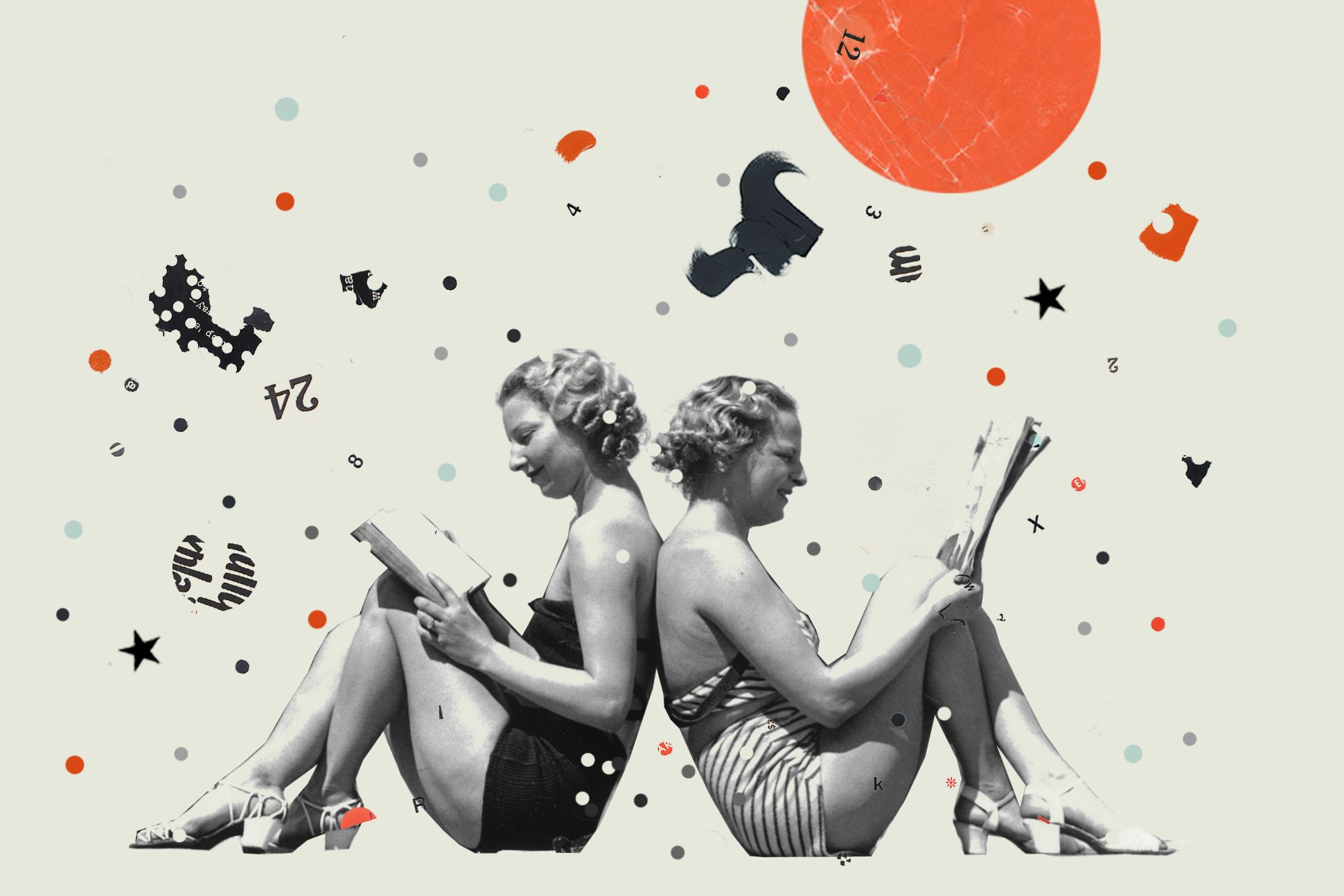 Image of two women sitting back-to-back reading, surrounded by collaged letters and puzzle pieces.