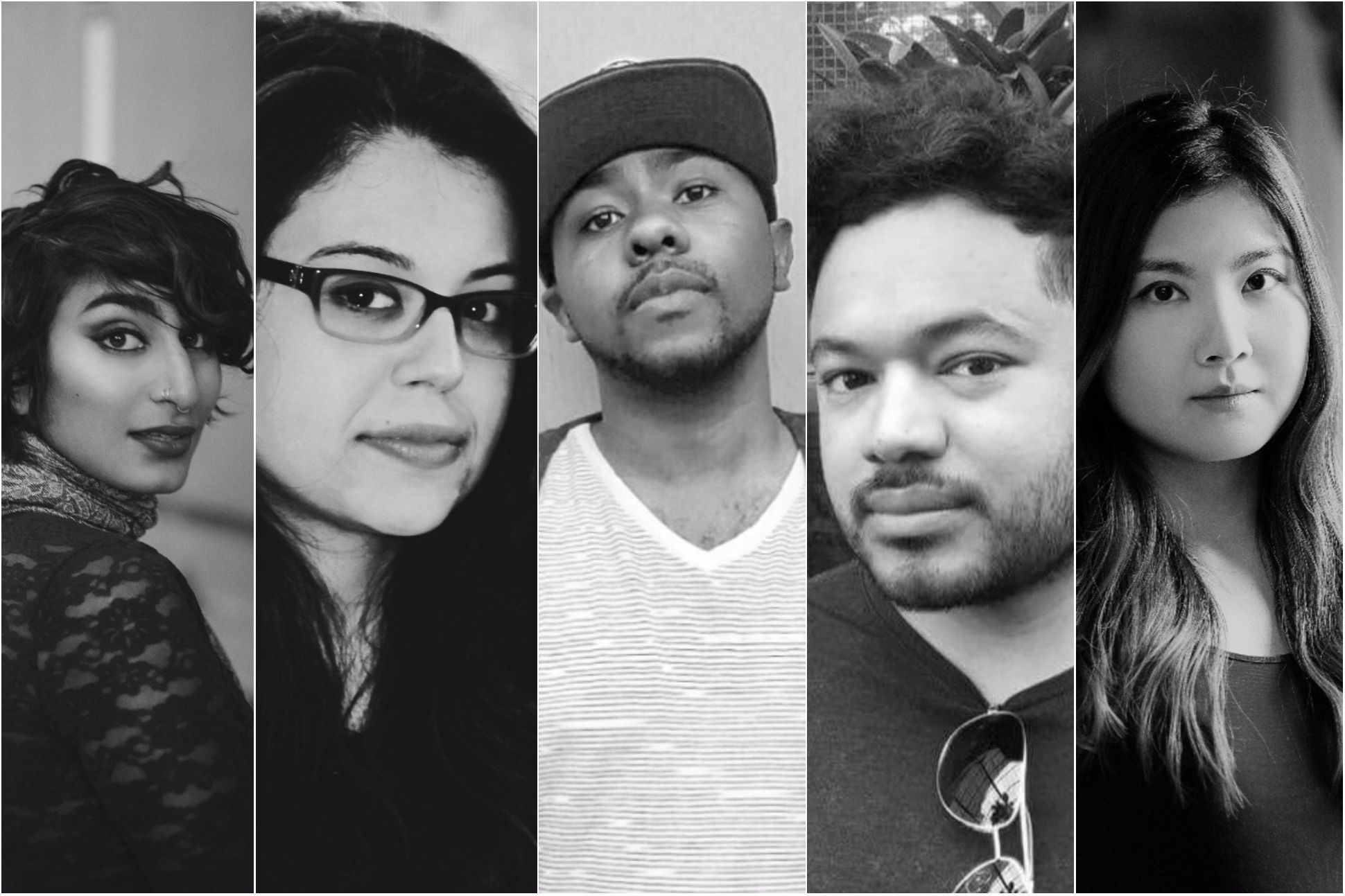 Black and white collage of the 2017 Ruth Lilly and Dorothy Sargent Rosenberg Poetry Fellowship recipients: Fatimah Asghar, Sumita Chakraborty , Cortney Lamar Charleston, Roy G. Guzmán, and Emily Jungmin Yoon.