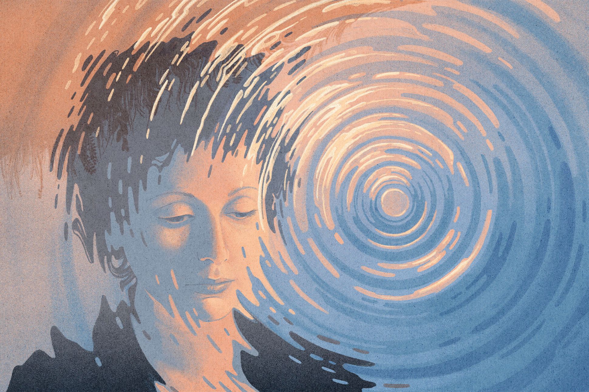Illustration of Marie Uguay looking into rippling water.