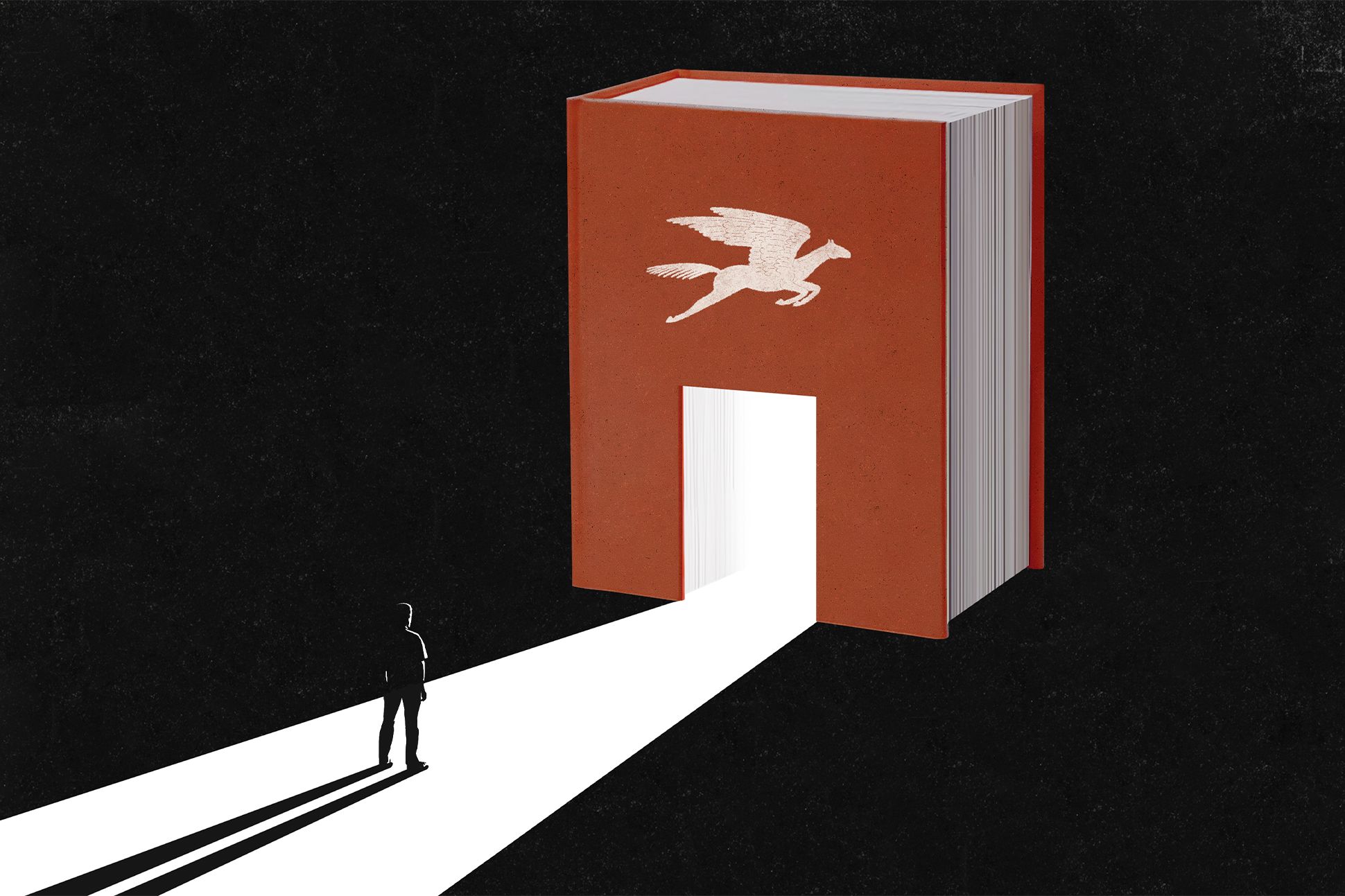 The silhouette of a person stands in front of a large red book with a door carved into it. The door is open and emitting light. A white pegasus is imprinted above the doorway.