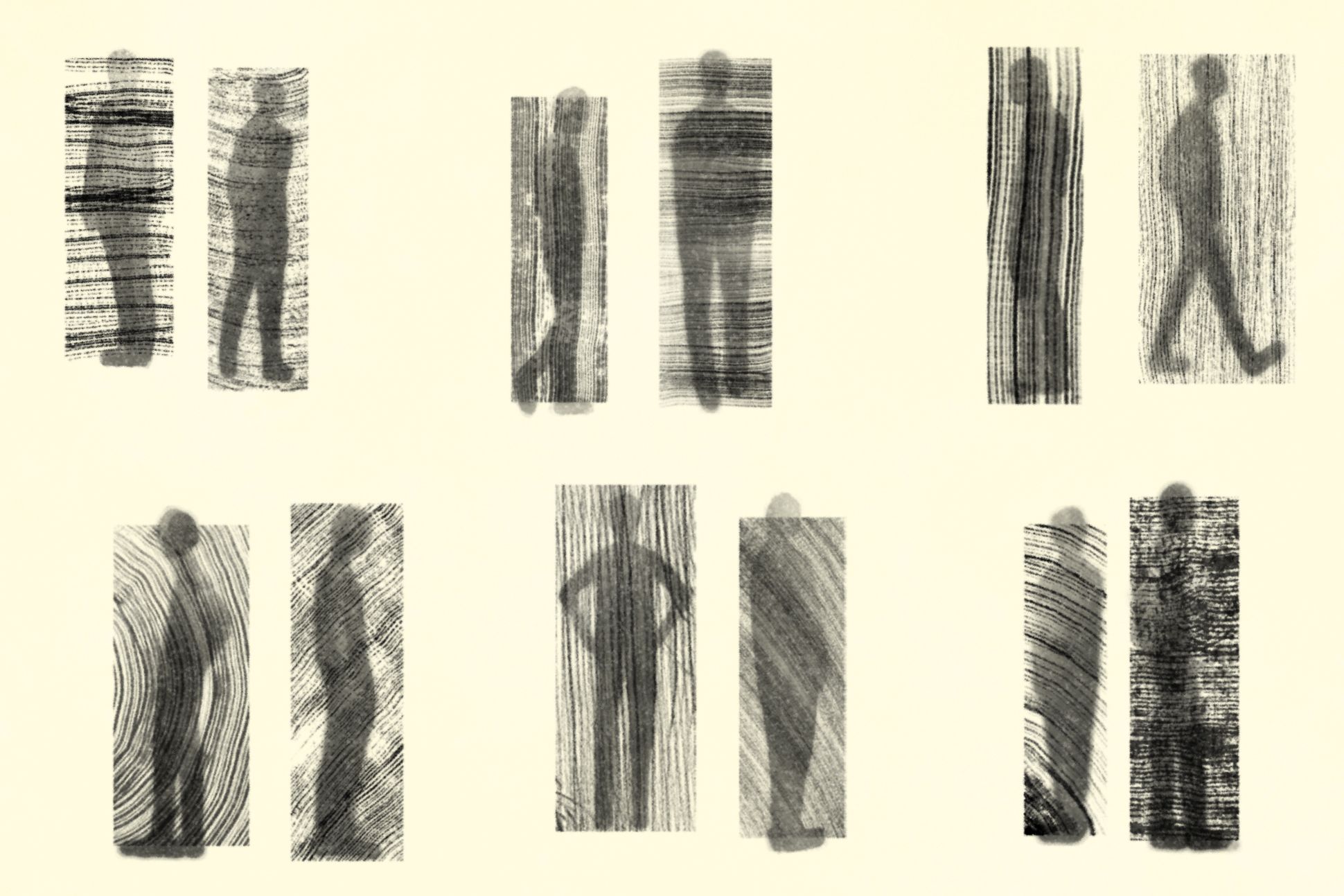 Six pairs of silhouettes stand behind patterned textures, as if contained in them.