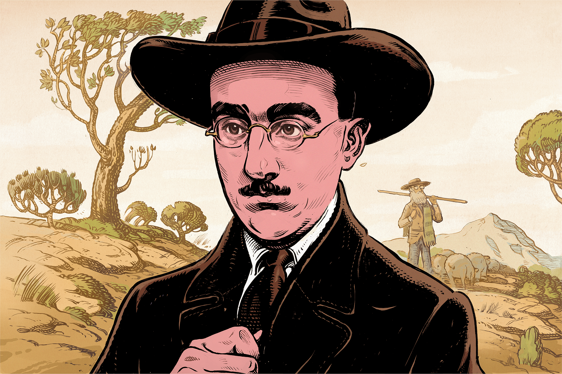 Illustration of Fernando Pessoa standing in a pastoral setting with a shepherd in the background.