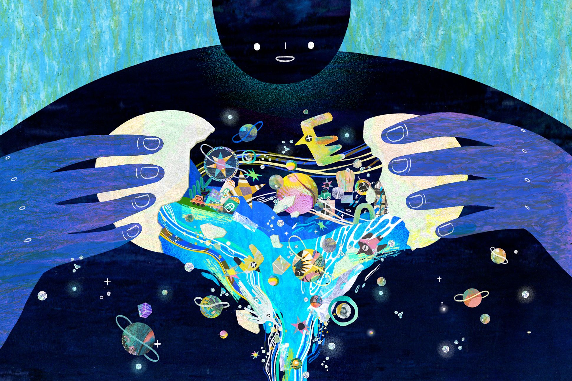 An illustration of a dark, silhouetted figure breaking open an egg out of which spills water, planets, and the cosmos.